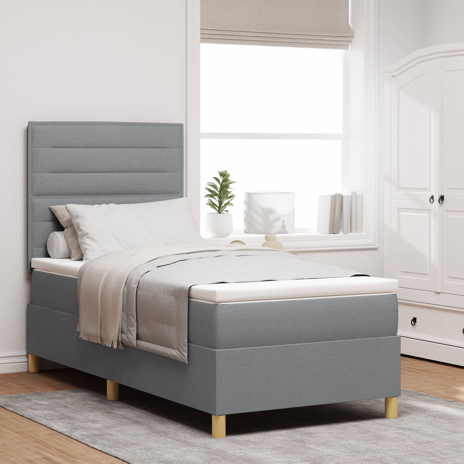 vidaXL LED Boxspringbett mit Matratze Hellgrau 100x200 cm Stoff