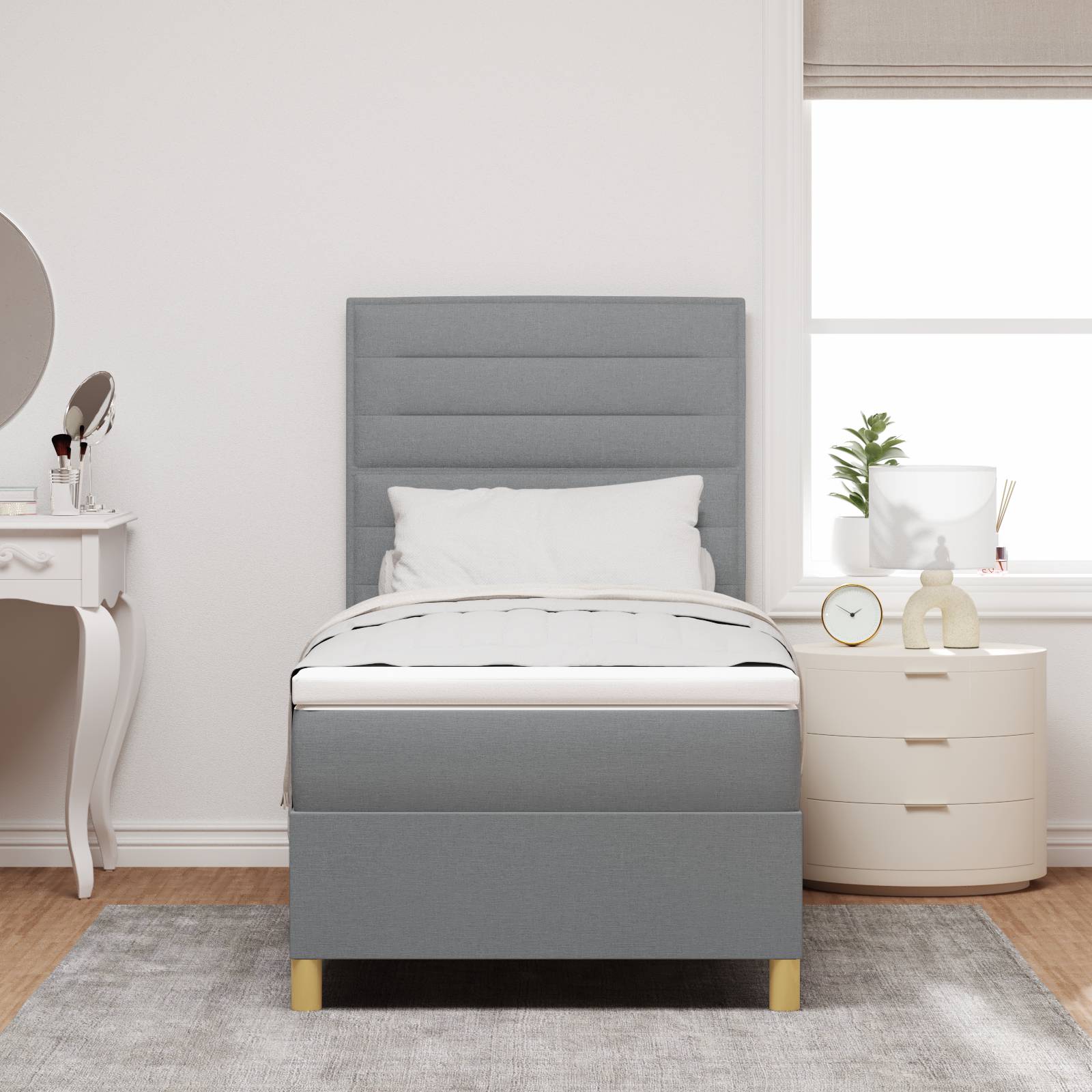 vidaXL LED Boxspringbett mit Matratze Hellgrau 100x200 cm Stoff