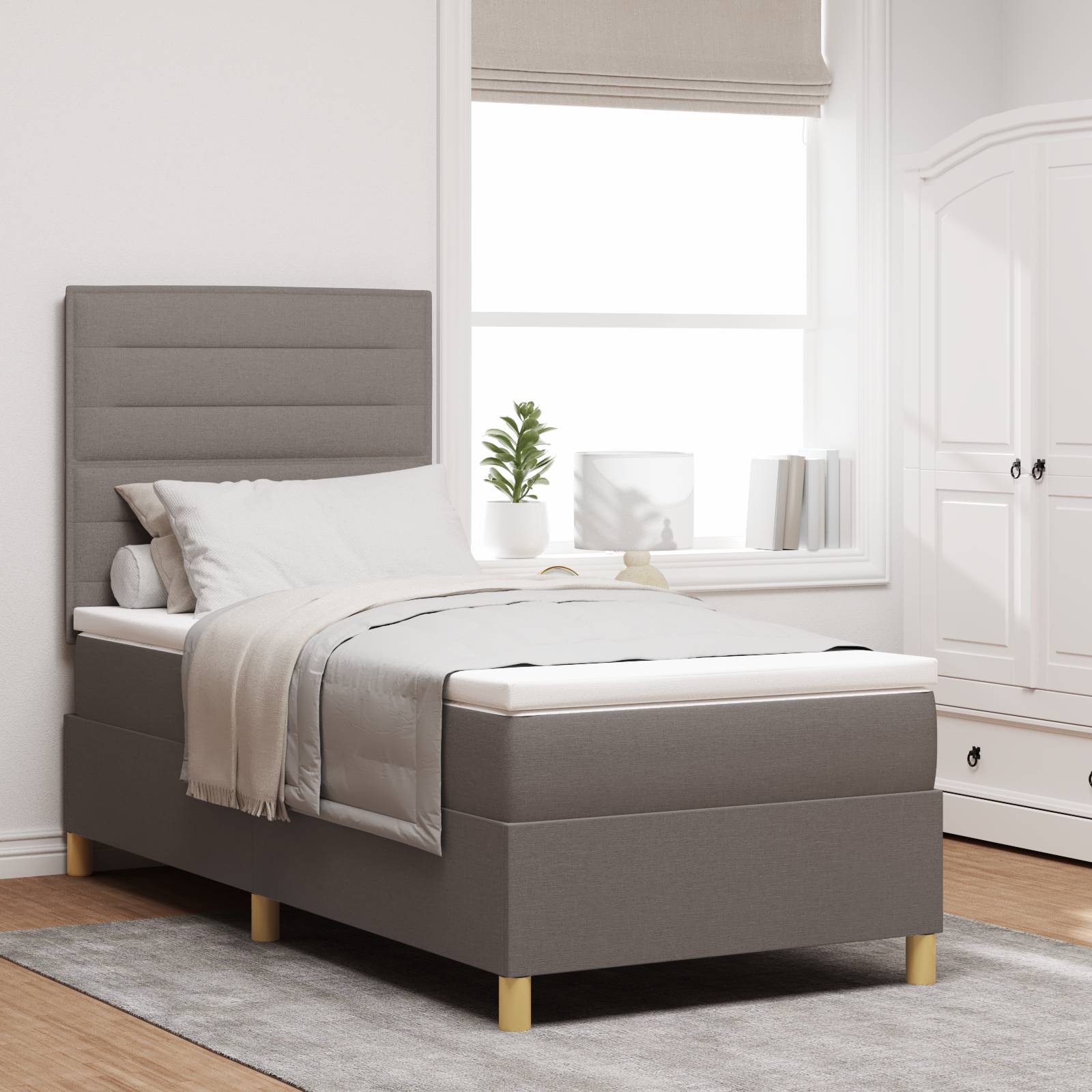 vidaXL LED Boxspringbett mit Matratze Taupe 90x200 cm Stoff