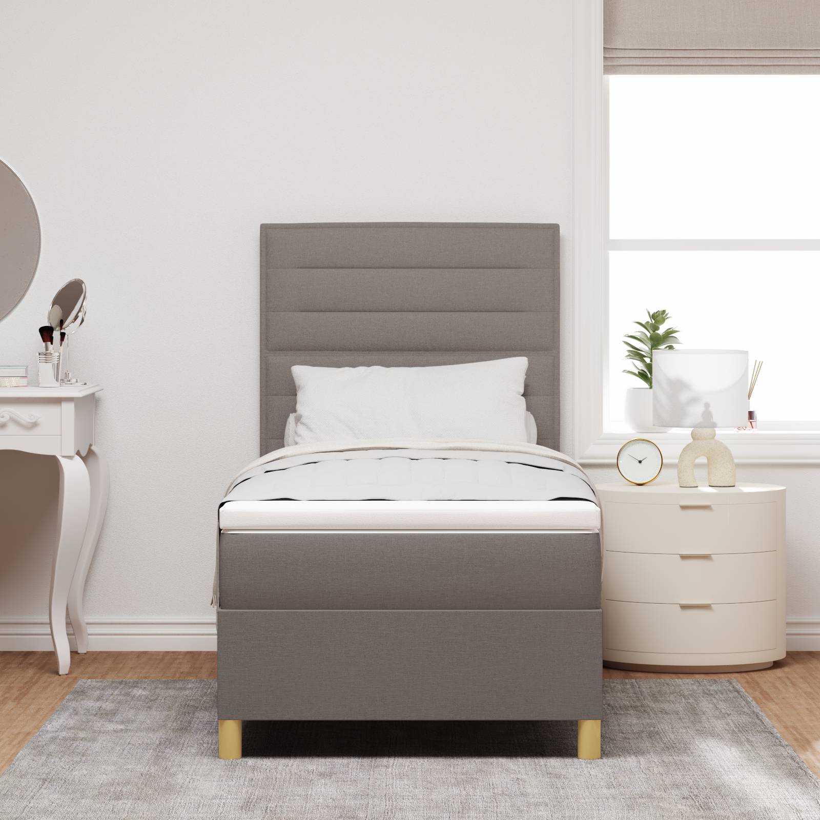 vidaXL LED Boxspringbett mit Matratze Taupe 90x200 cm Stoff