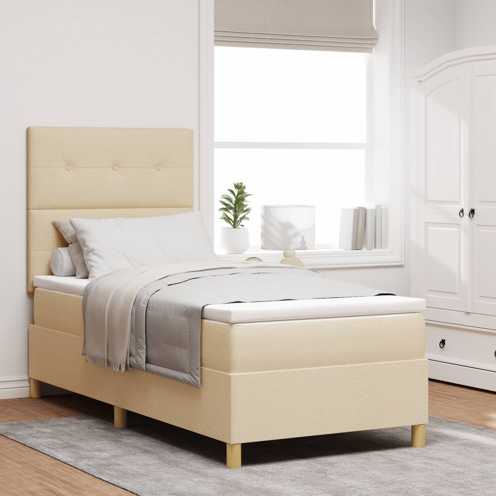vidaXL LED Boxspringbett mit Matratze Creme 90x200 cm Stoff