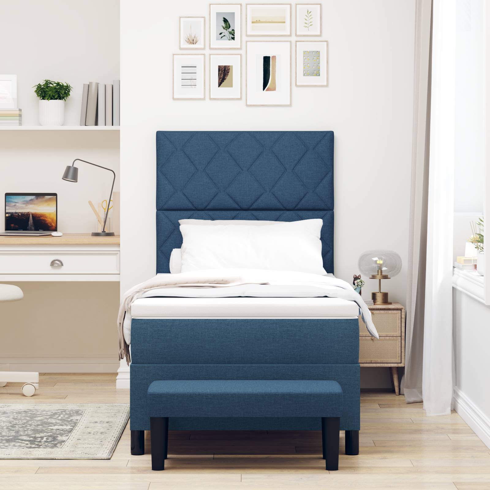 vidaXL Boxspringbett mit Matratze & Bank Blau 100x200 cm Stoff
