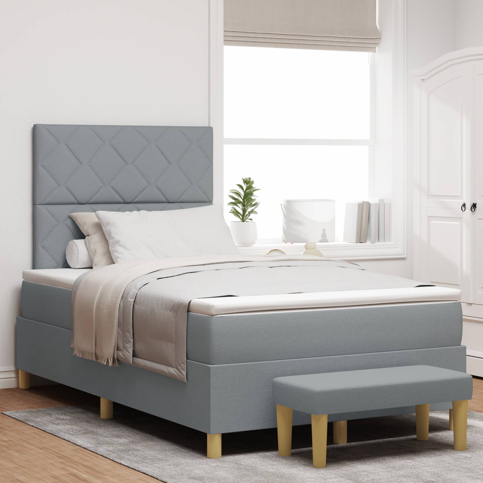 vidaXL Boxspringbett mit Matratze & Bank Hellgrau 120x190 cm Stoff