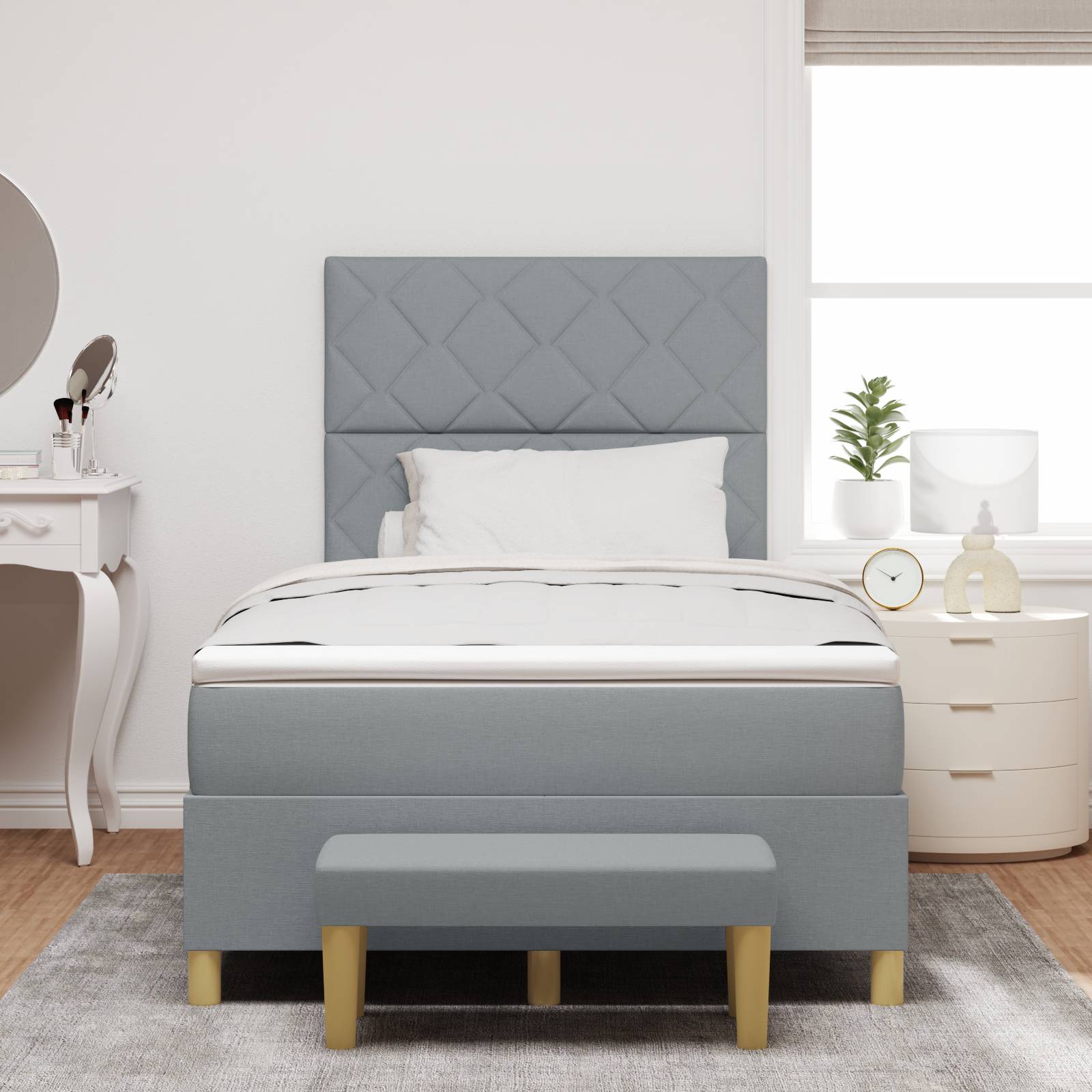vidaXL Boxspringbett mit Matratze & Bank Hellgrau 120x190 cm Stoff