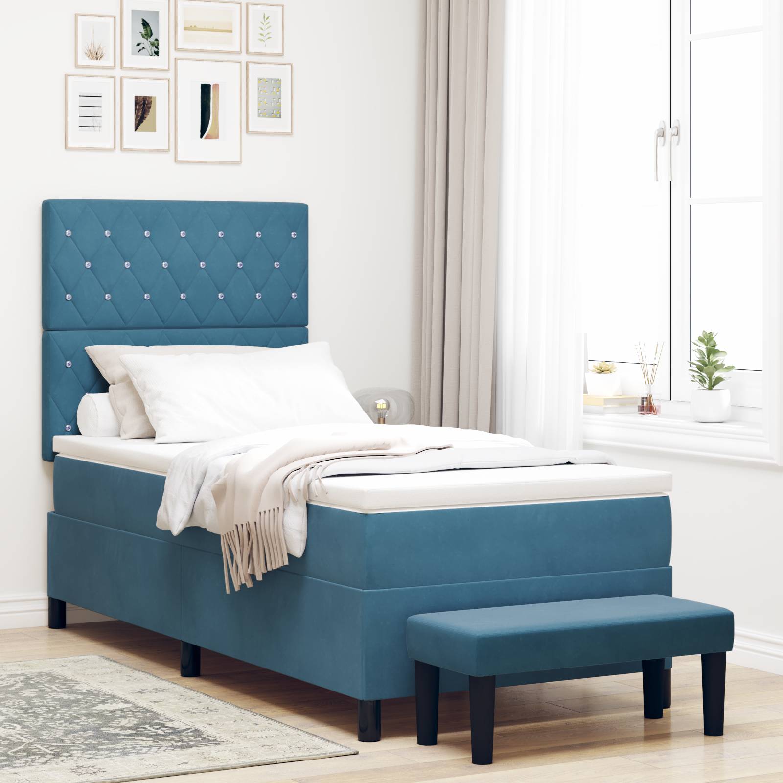 vidaXL Boxspringbett mit Matratze & Bank Dunkelblau 90x190 cm Samt