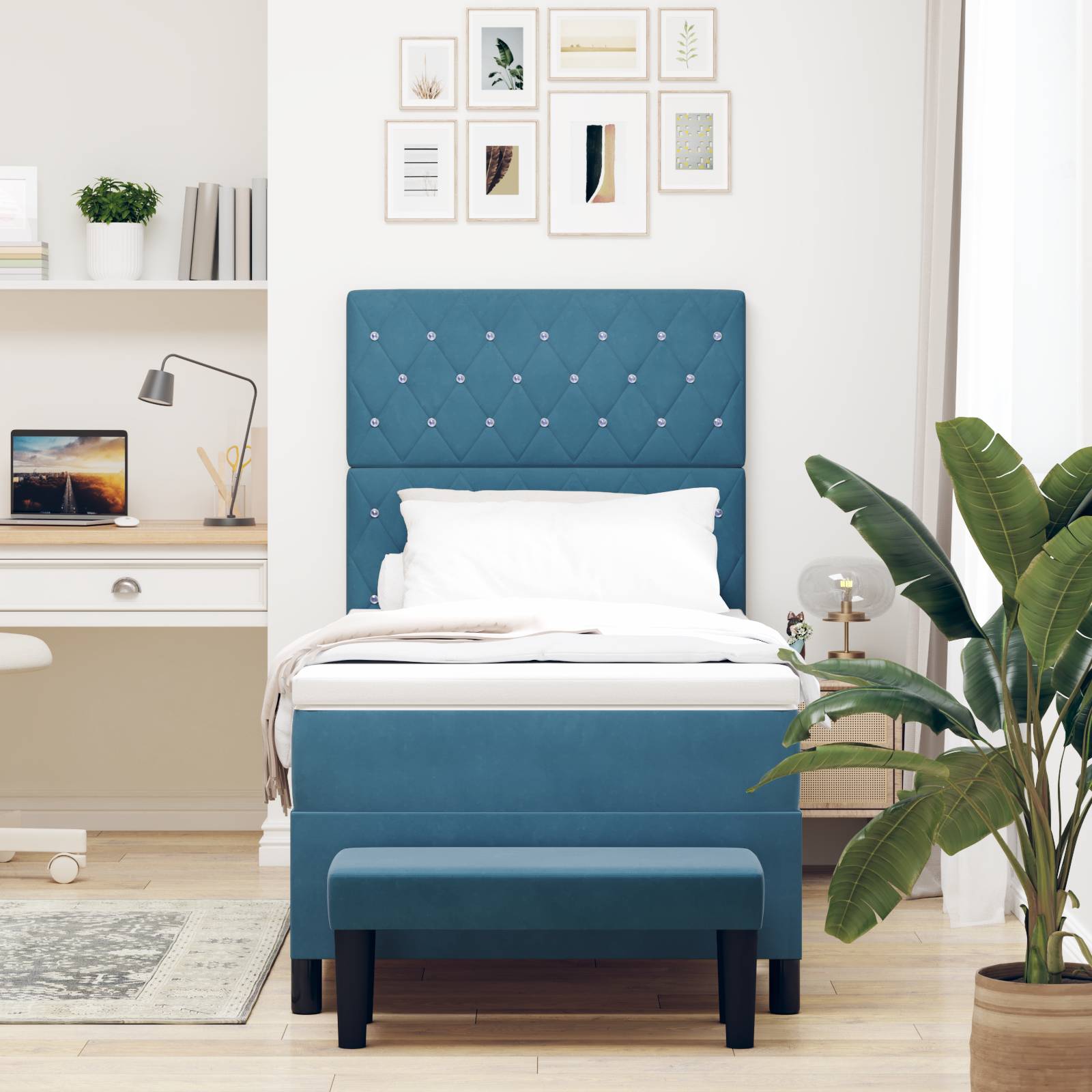 vidaXL Boxspringbett mit Matratze & Bank Dunkelblau 90x190 cm Samt