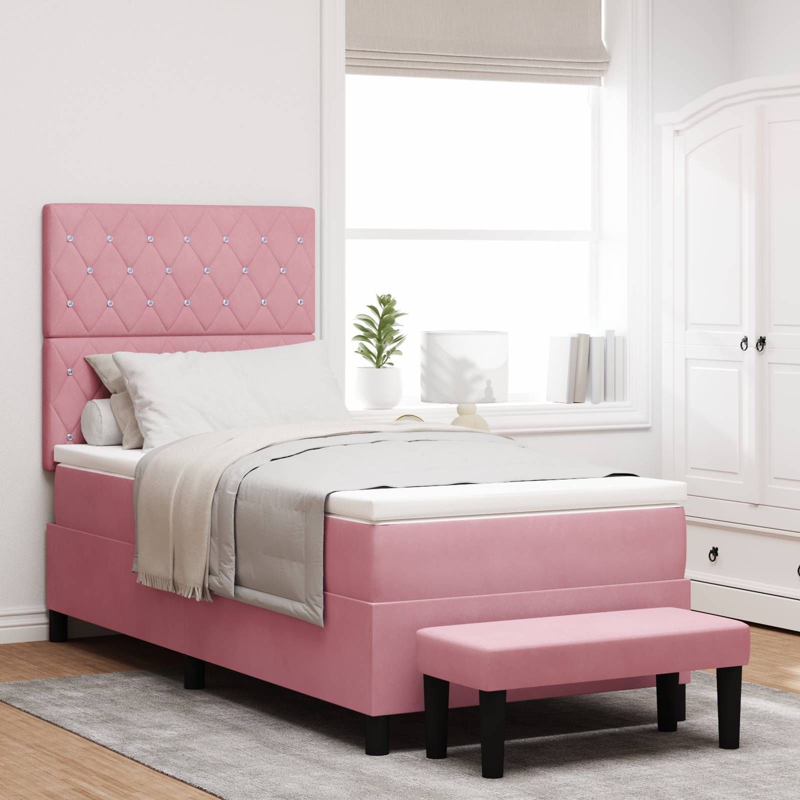 vidaXL Boxspringbett mit Matratze & Bank Rosa 90x200 cm Samt