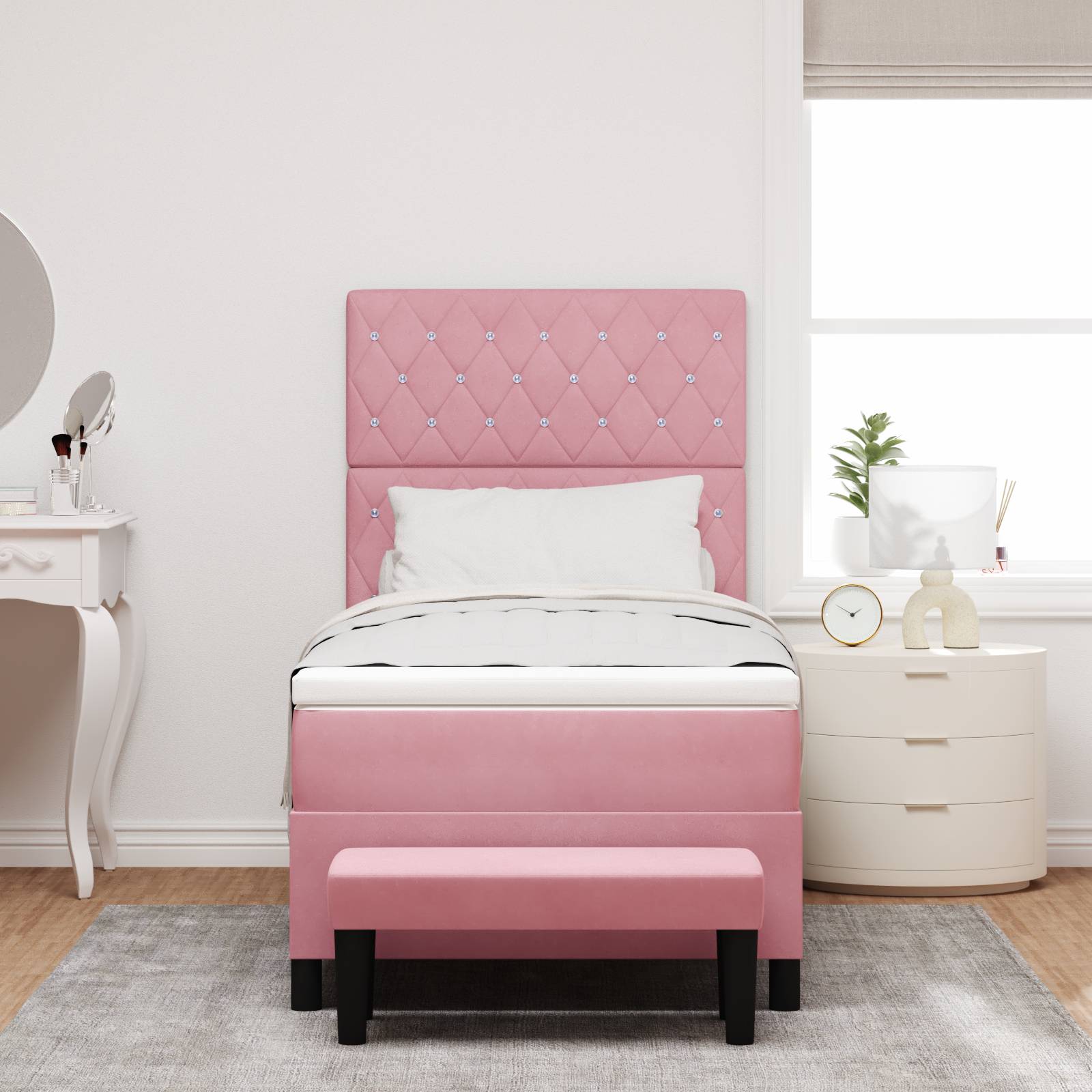 vidaXL Boxspringbett mit Matratze & Bank Rosa 90x200 cm Samt