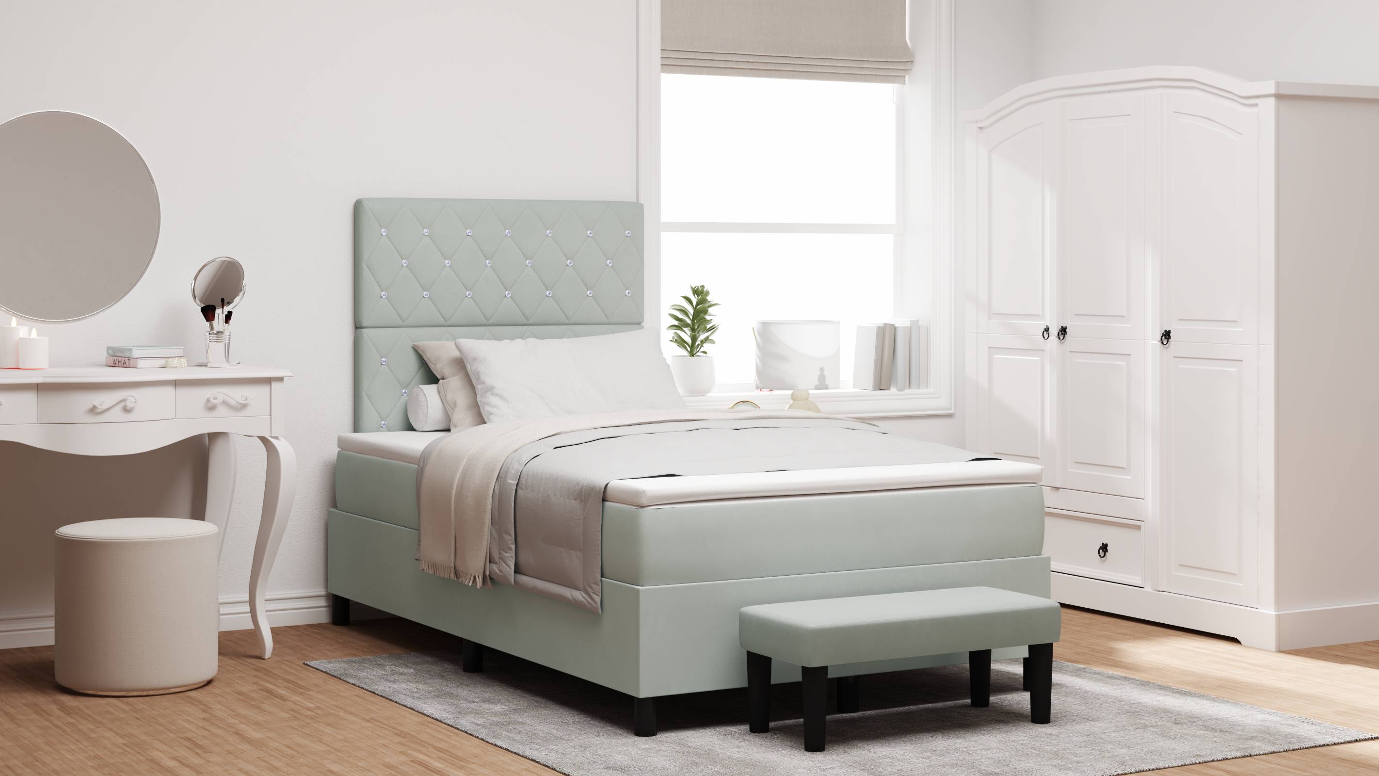 vidaXL Boxspringbett mit Matratze & Bank Hellgrau 120x190 cm Samt