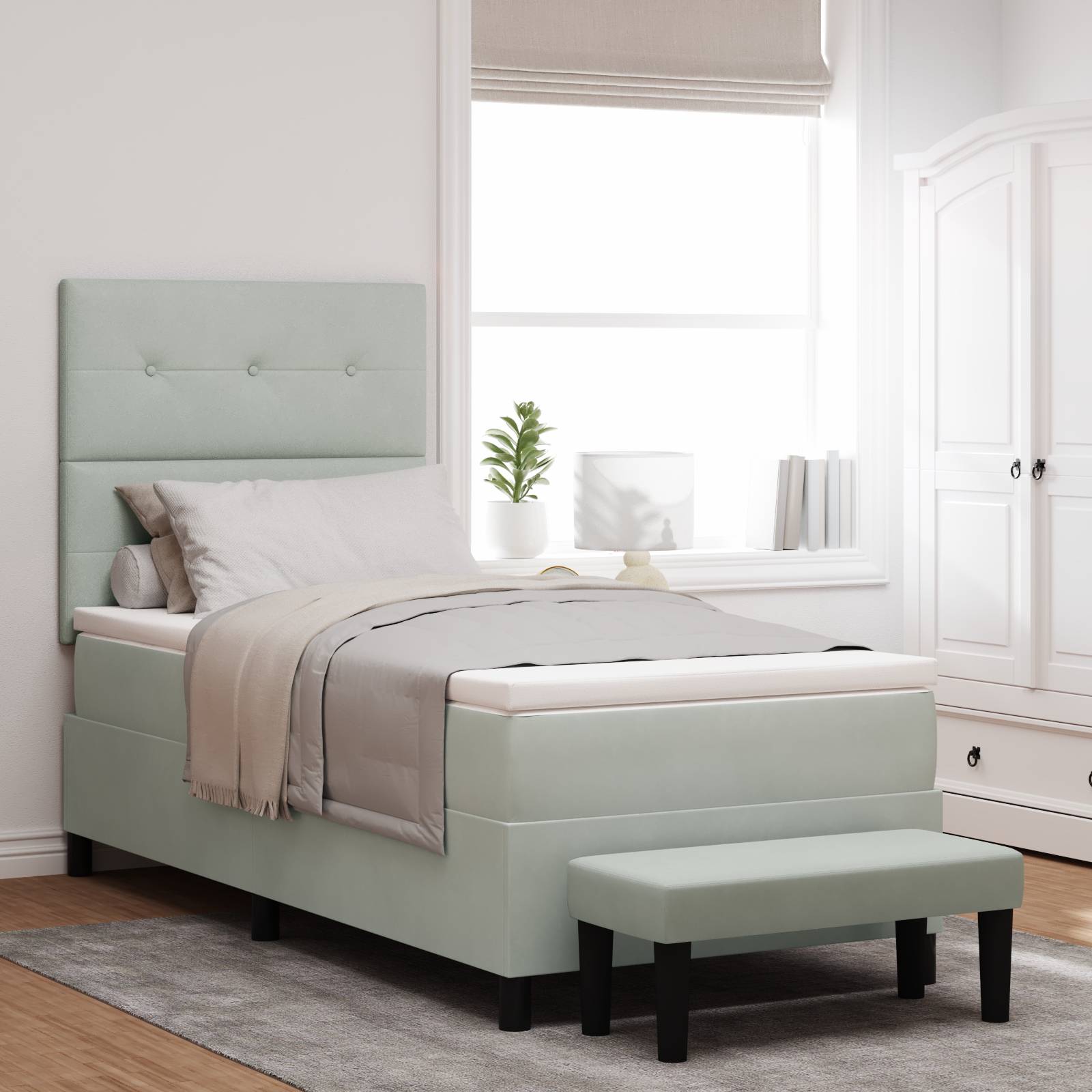 vidaXL Boxspringbett mit Matratze & Bank Hellgrau 90x190 cm Samt
