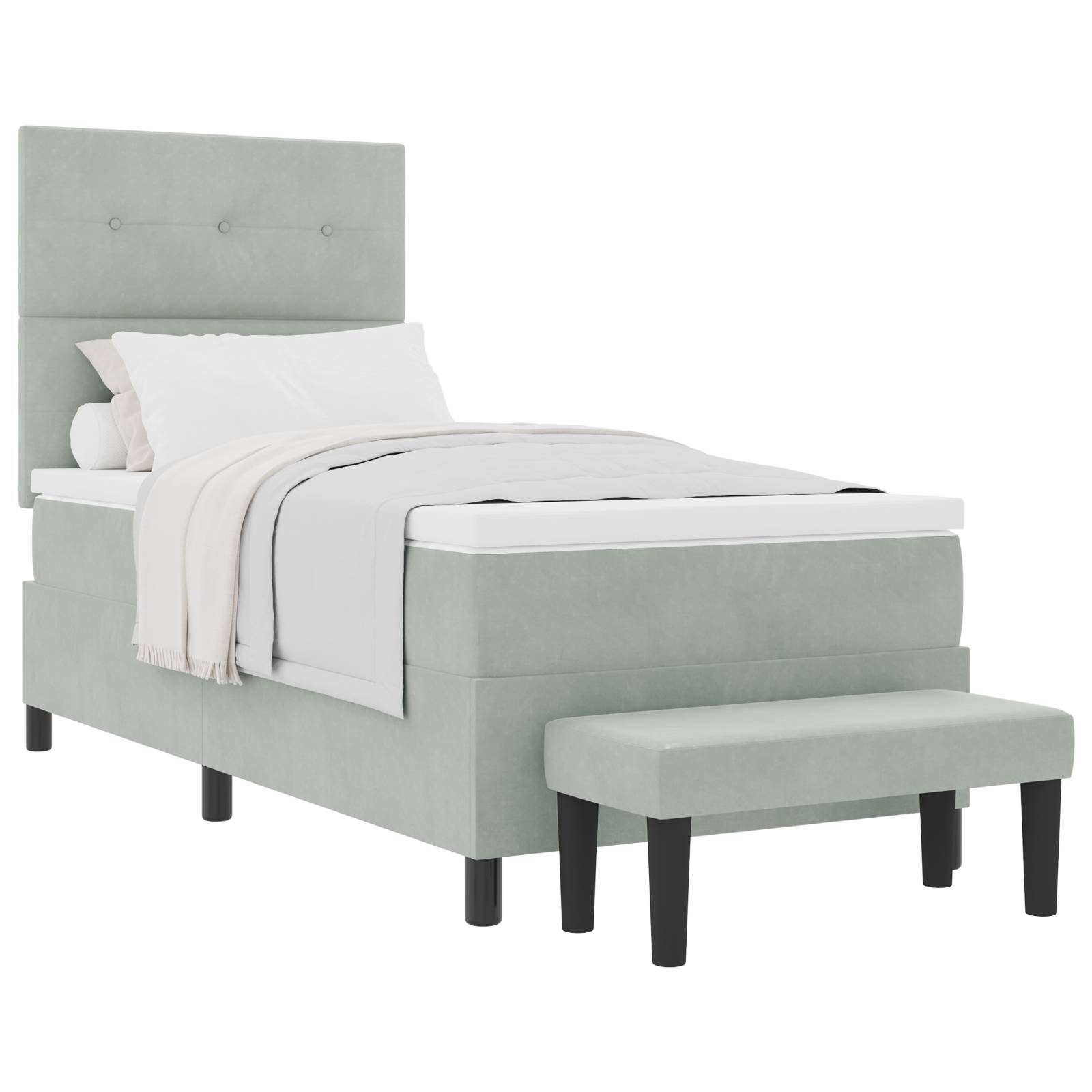 vidaXL Boxspringbett mit Matratze & Bank Hellgrau 90x190 cm Samt