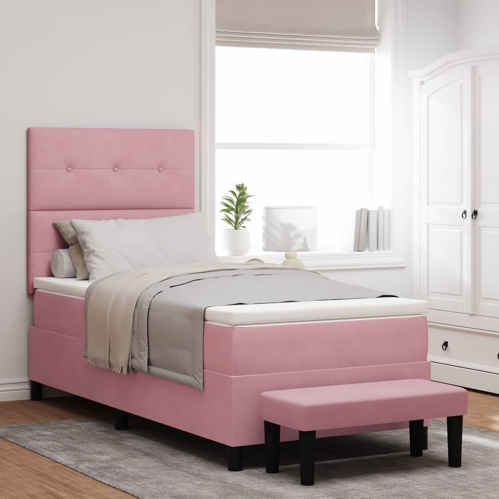 vidaXL Boxspringbett mit Matratze & Bank Pink 100x200 cm Samt
