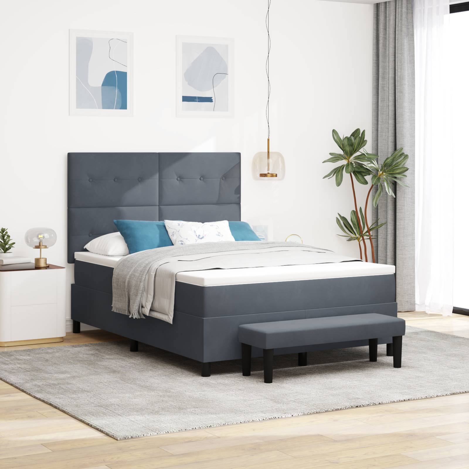 vidaXL Boxspringbett mit Matratze & Bank Dunkelgrau 140x200 cm Samt