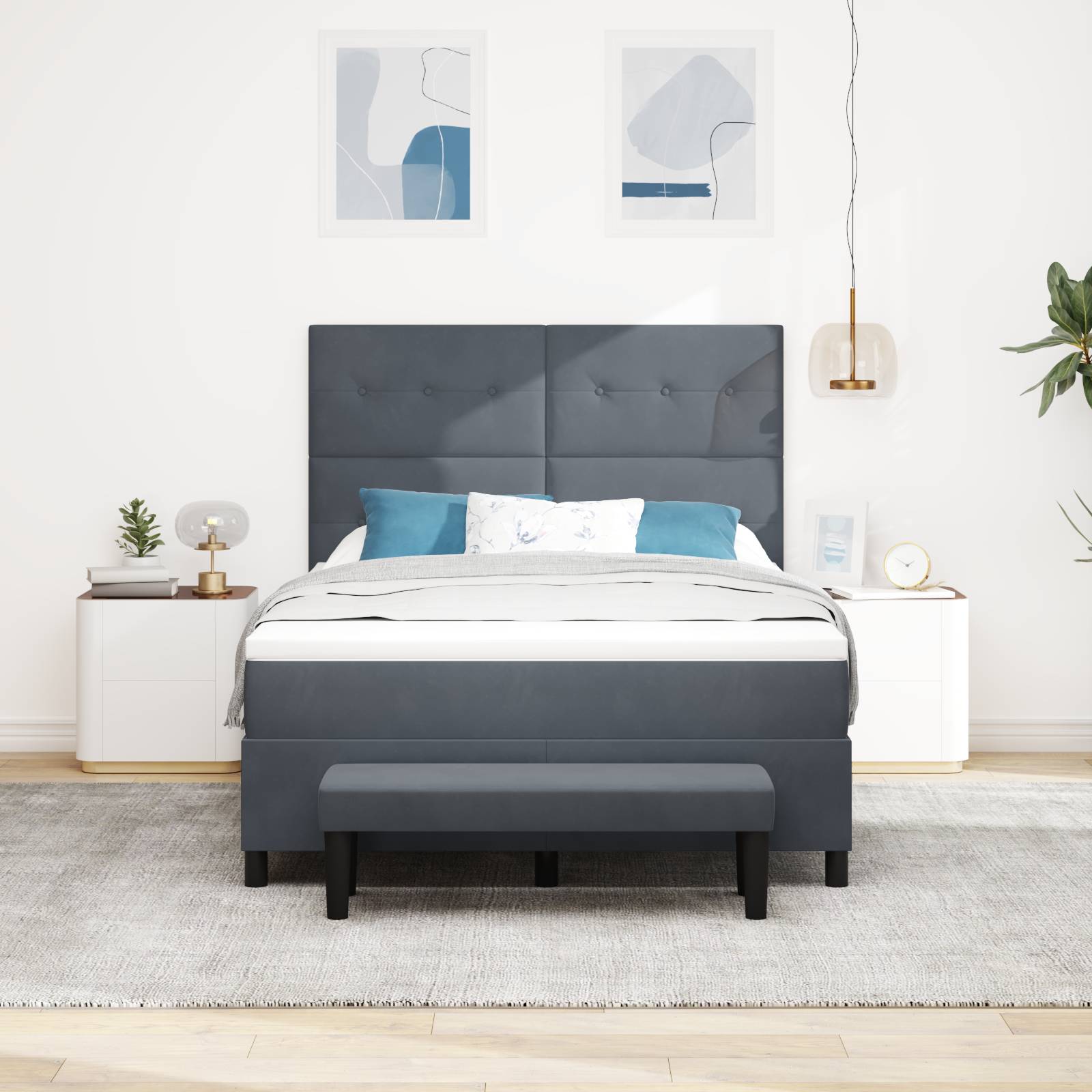 vidaXL Boxspringbett mit Matratze & Bank Dunkelgrau 140x200 cm Samt