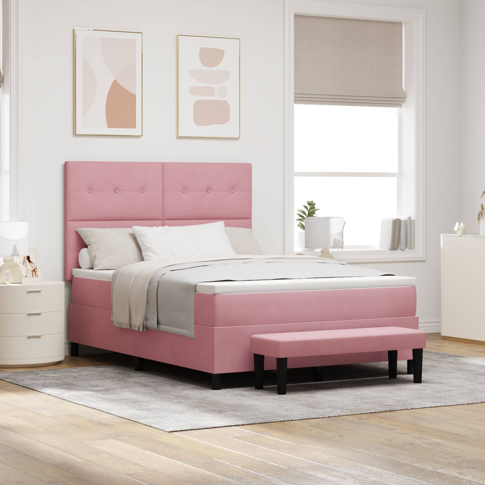 vidaXL Boxspringbett mit Matratze & Bank Rosa 140x200 cm Velvet