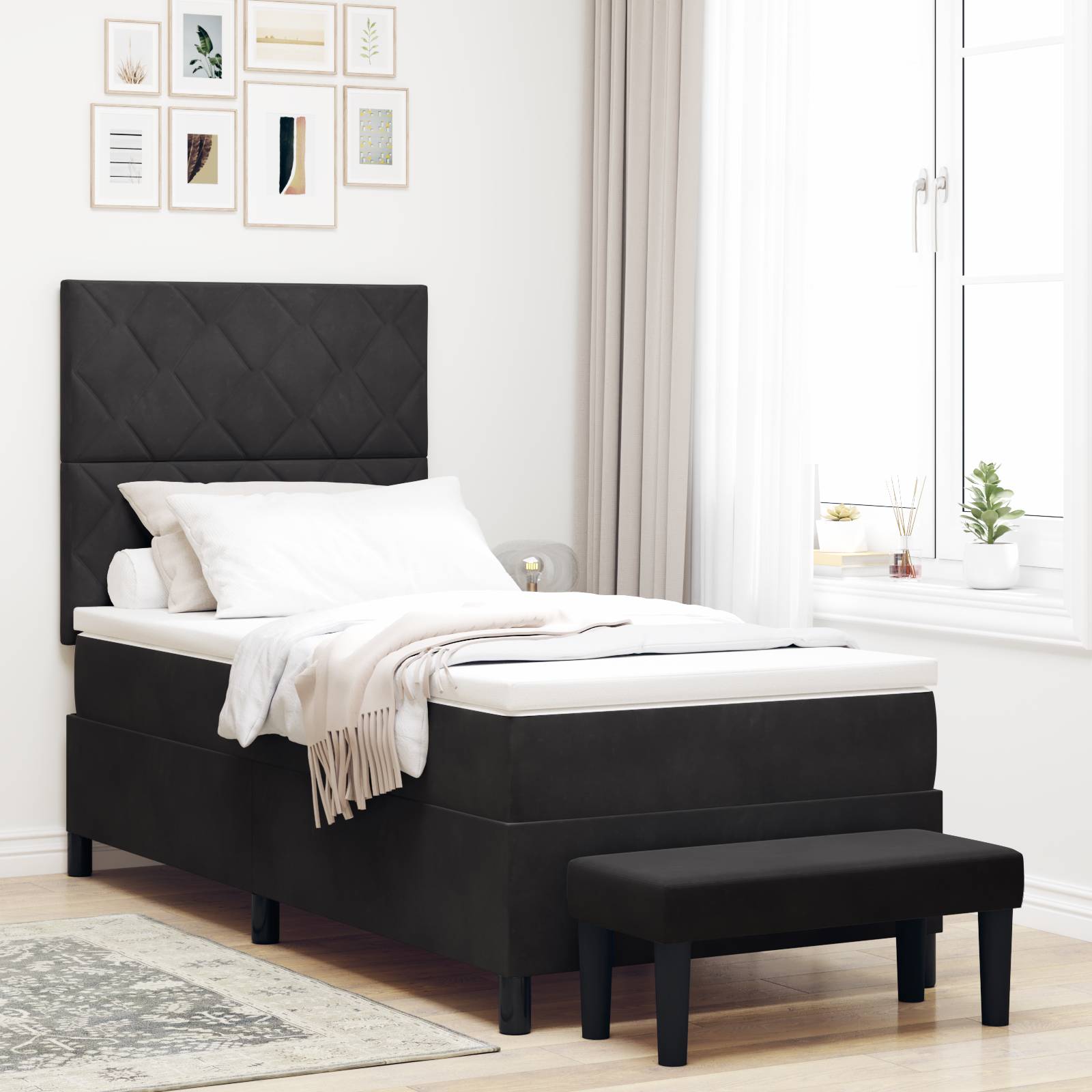 vidaXL Boxspringbett mit Matratze & Bank Schwarz 90x200 cm Samt