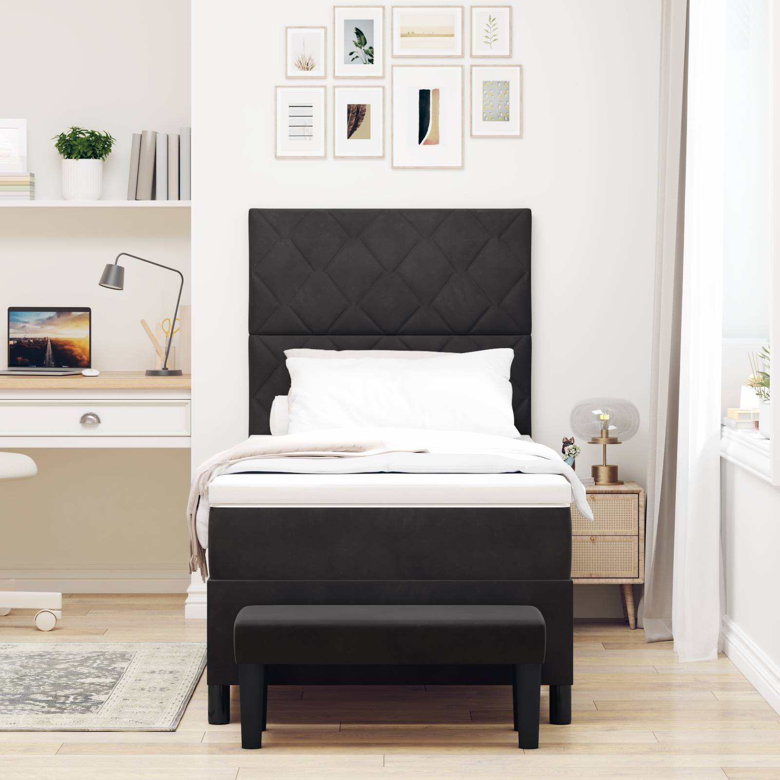 vidaXL Boxspringbett mit Matratze & Bank Schwarz 90x200 cm Samt