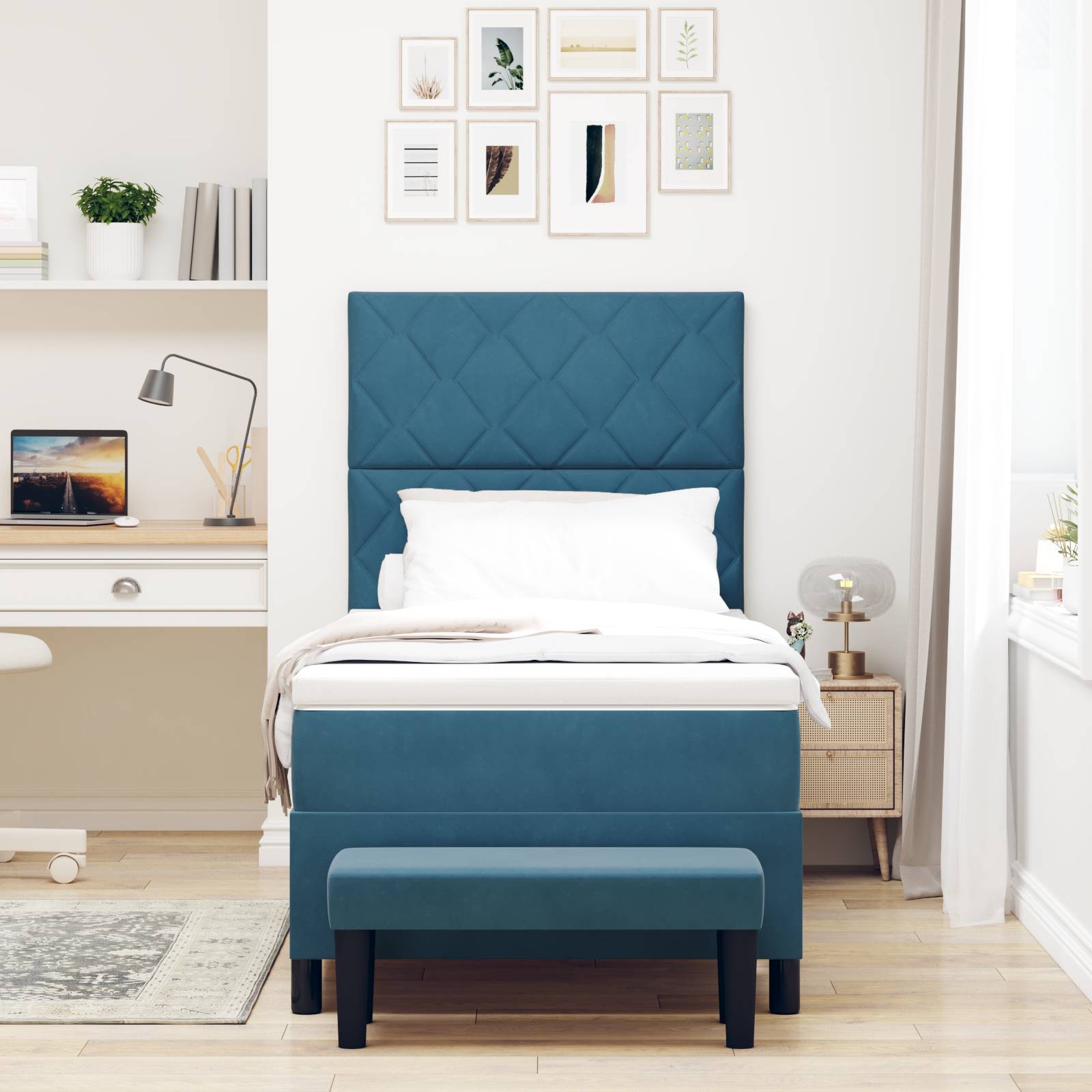 vidaXL Boxspringbett mit Matratze & Bank Dunkelblau 100x200 cm Samt