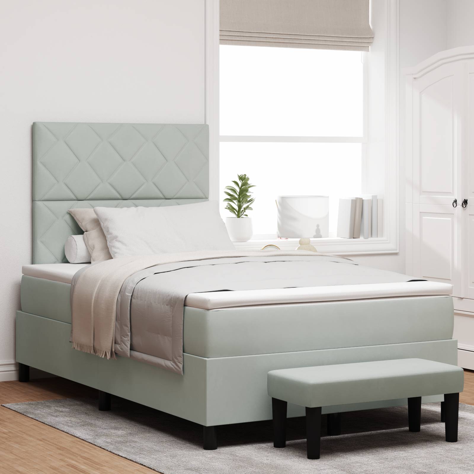 vidaXL Boxspringbett mit Matratze & Bank Hellgrau 120x190 cm Samt