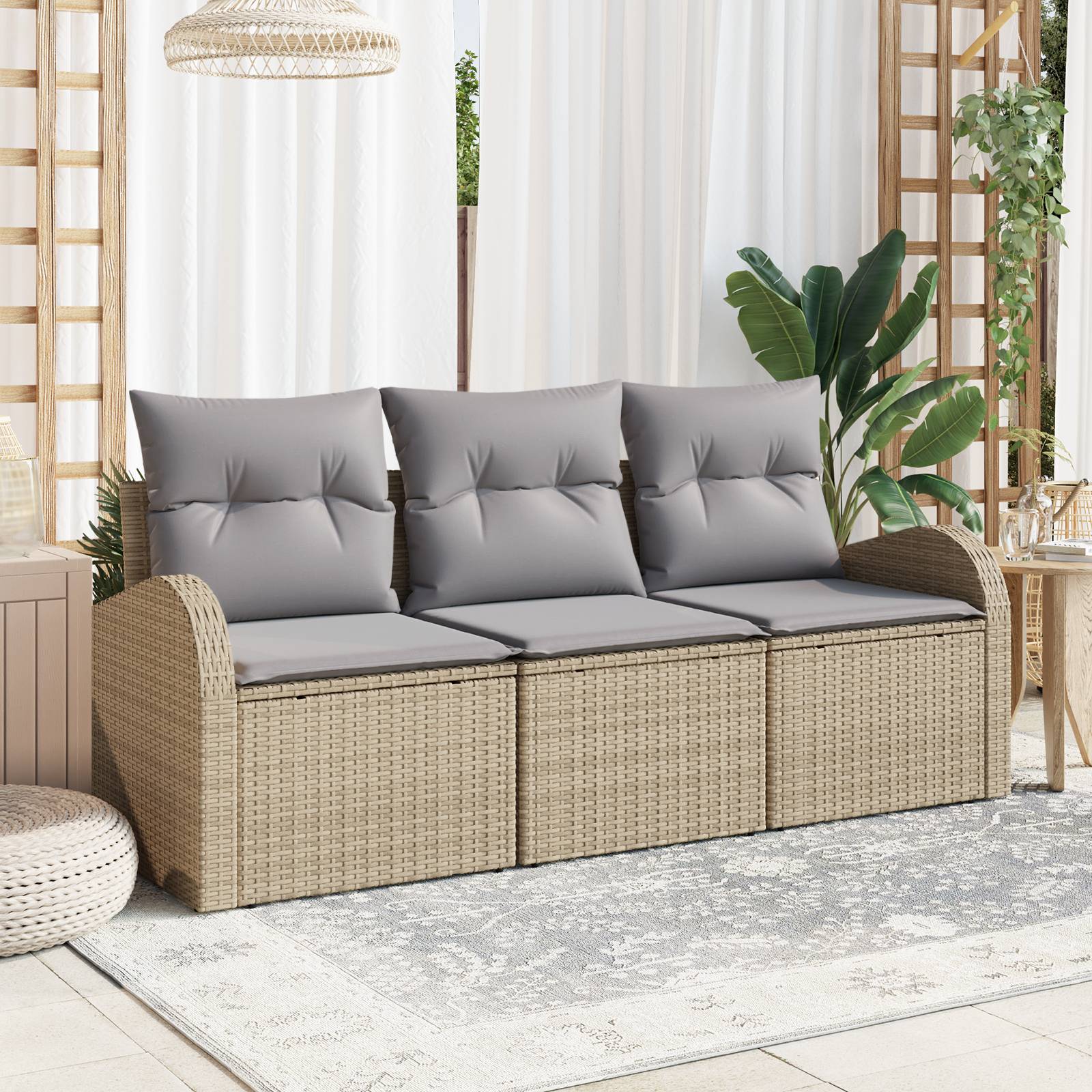 vidaXL 3-tlg. Garten-Sofagarnitur mit Kissen Beige Poly Rattan