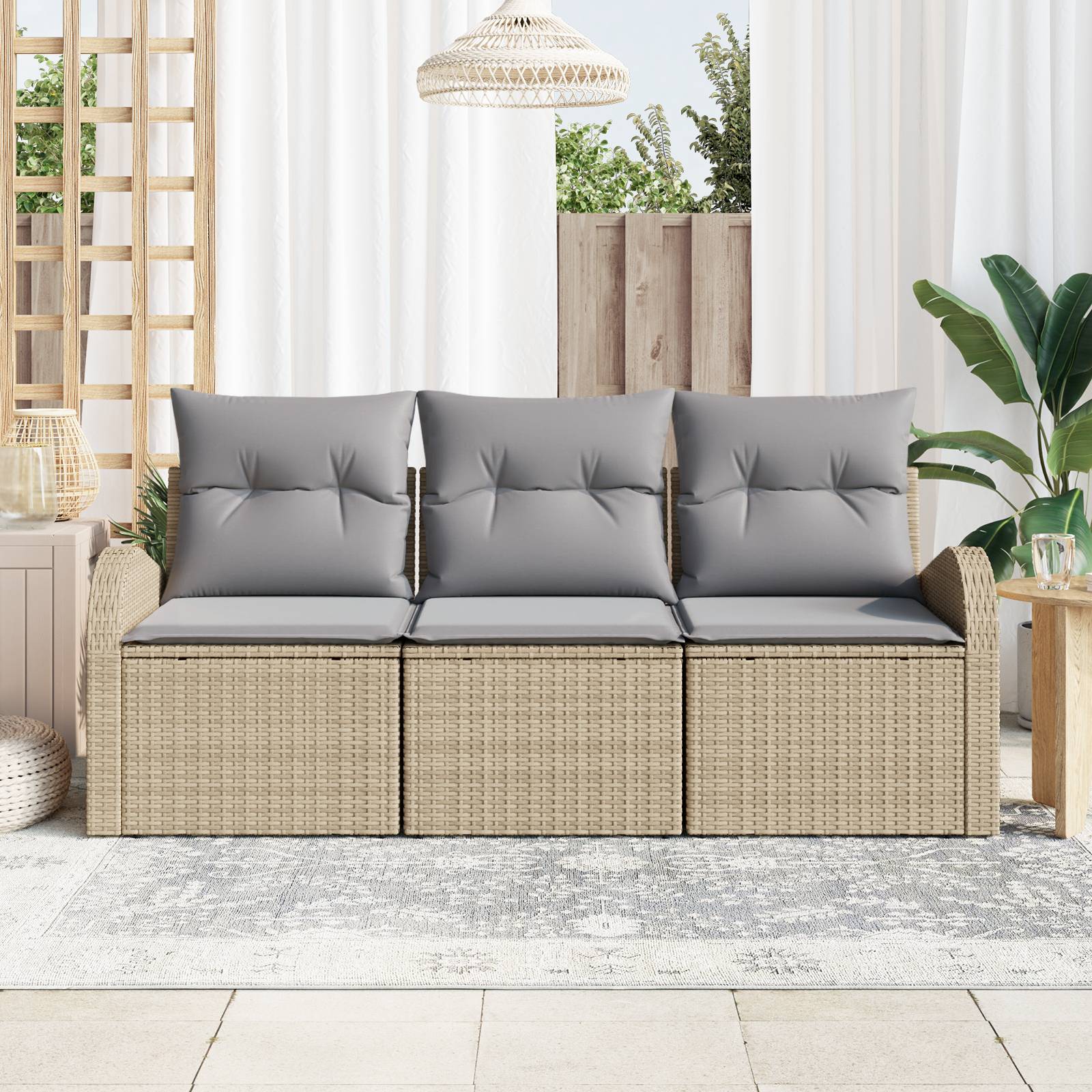 vidaXL 3-tlg. Garten-Sofagarnitur mit Kissen Beige Poly Rattan
