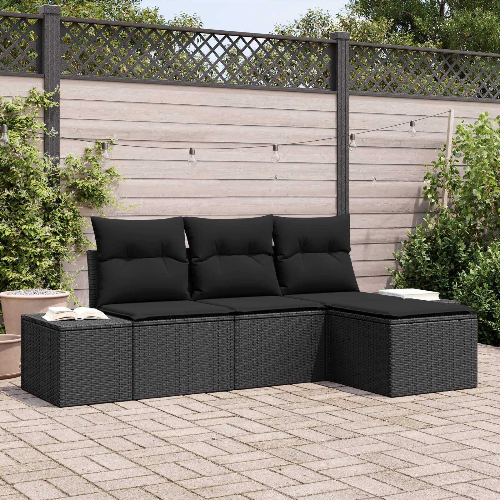vidaXL 4-tlg. Garten-Sofagarnitur mit Kissen Schwarz Poly Rattan