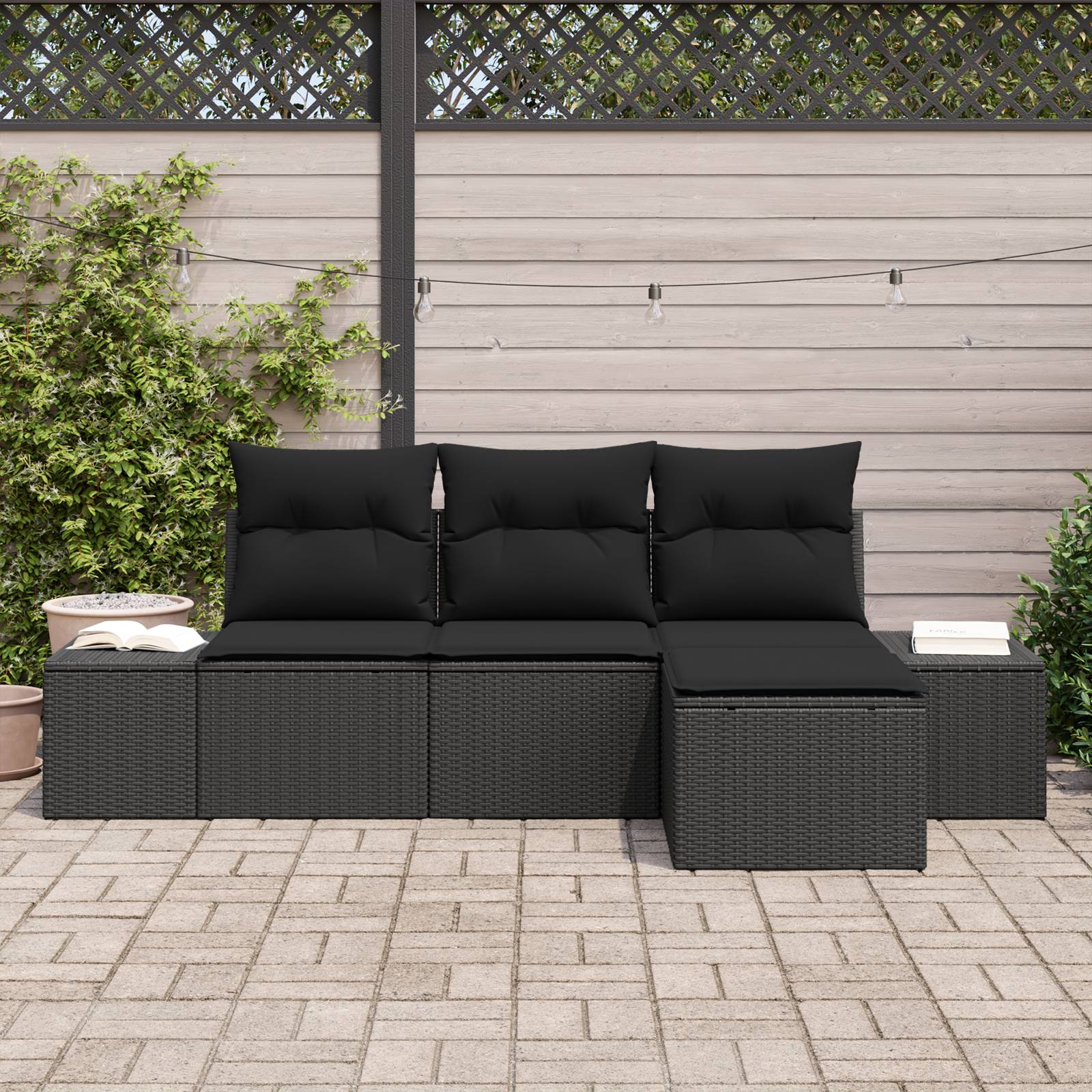 vidaXL 4-tlg. Garten-Sofagarnitur mit Kissen Schwarz Poly Rattan