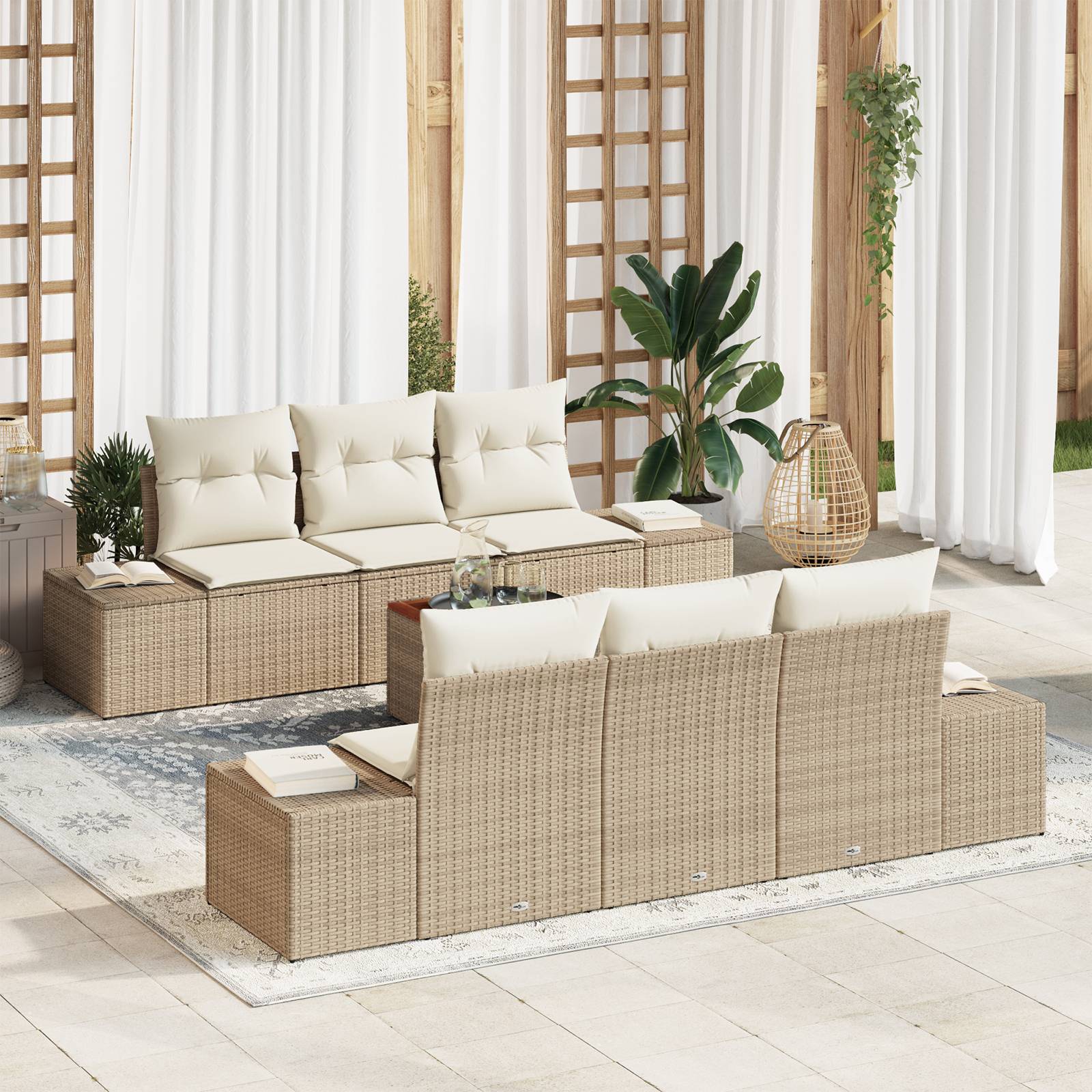 vidaXL 7-tlg. Garten-Sofagarnitur mit Kissen Beige Poly Rattan
