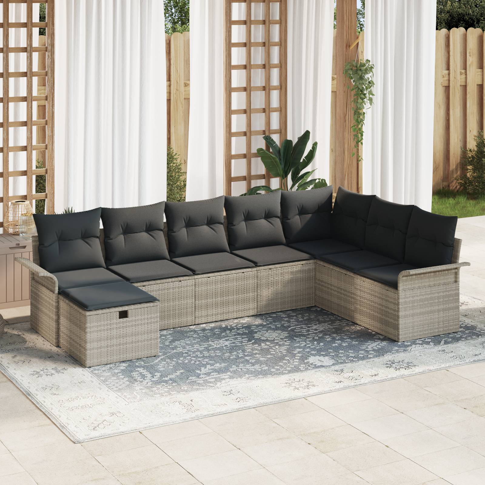 vidaXL 8-tlg. Garten-Sofagarnitur mit Kissen Hellgrau Poly Rattan