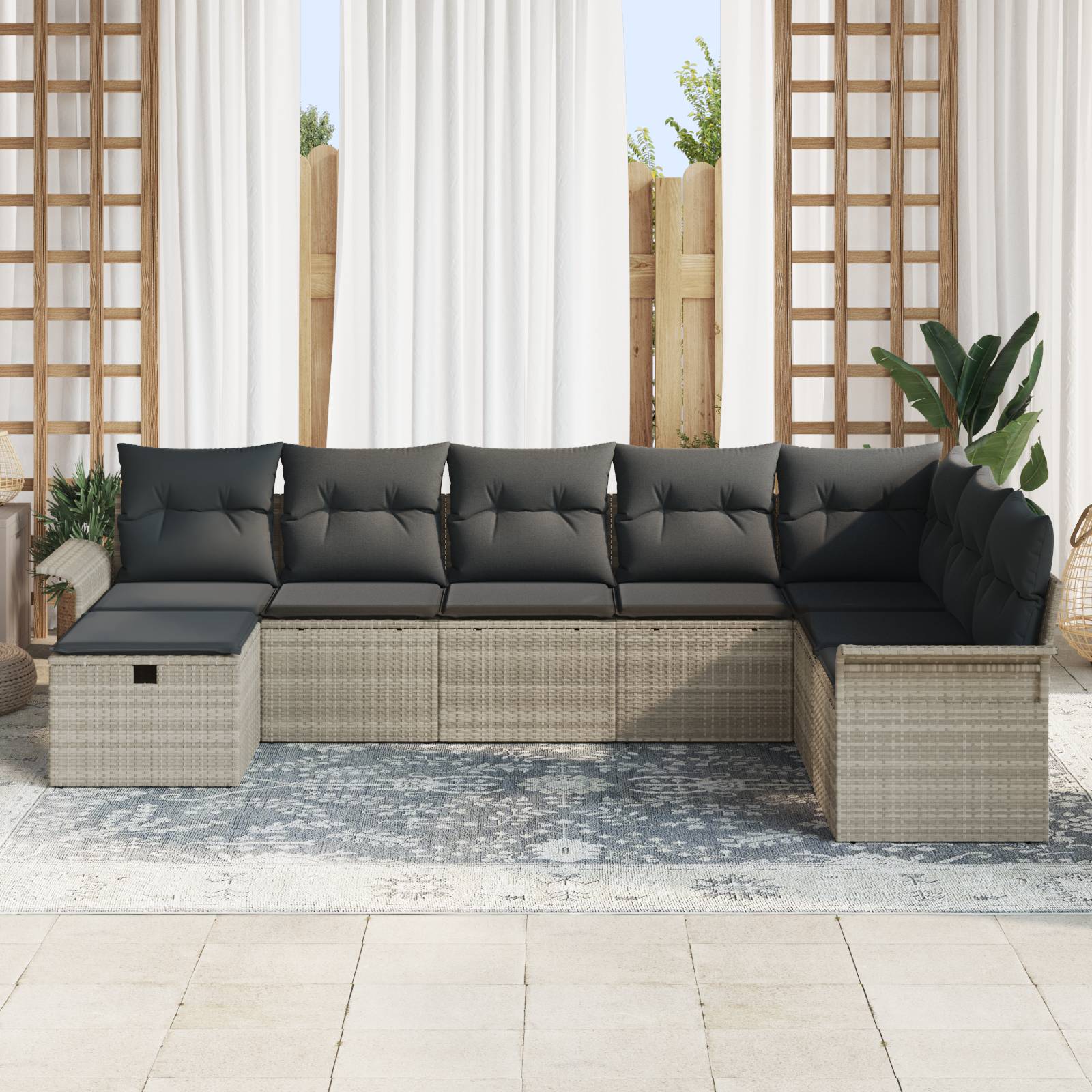 vidaXL 8-tlg. Garten-Sofagarnitur mit Kissen Hellgrau Poly Rattan
