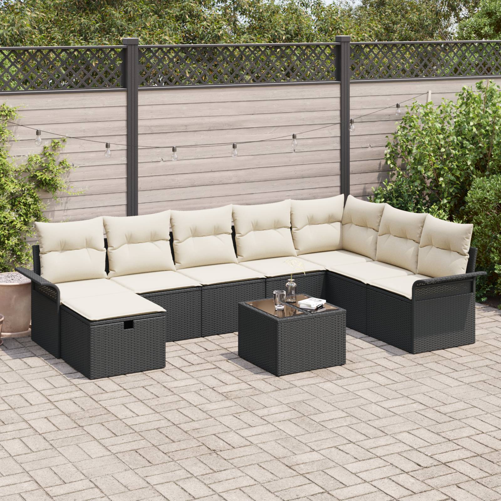 vidaXL 9-tlg. Garten-Sofagarnitur mit Kissen Schwarz Poly Rattan