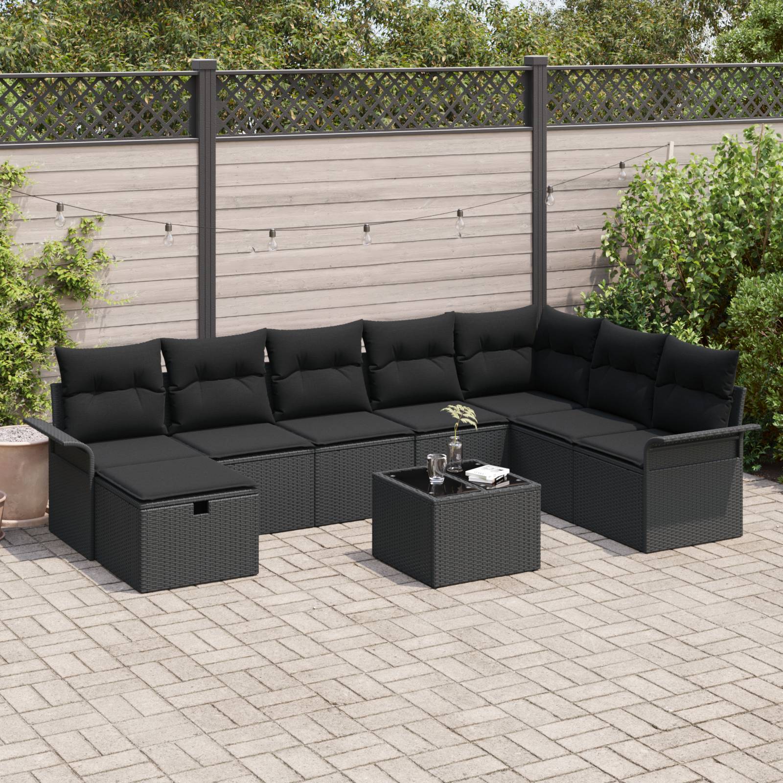 vidaXL 9-tlg. Garten-Sofagarnitur mit Kissen Schwarz Poly Rattan