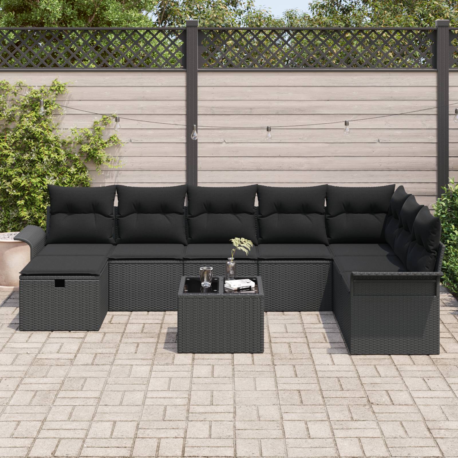 vidaXL 9-tlg. Garten-Sofagarnitur mit Kissen Schwarz Poly Rattan