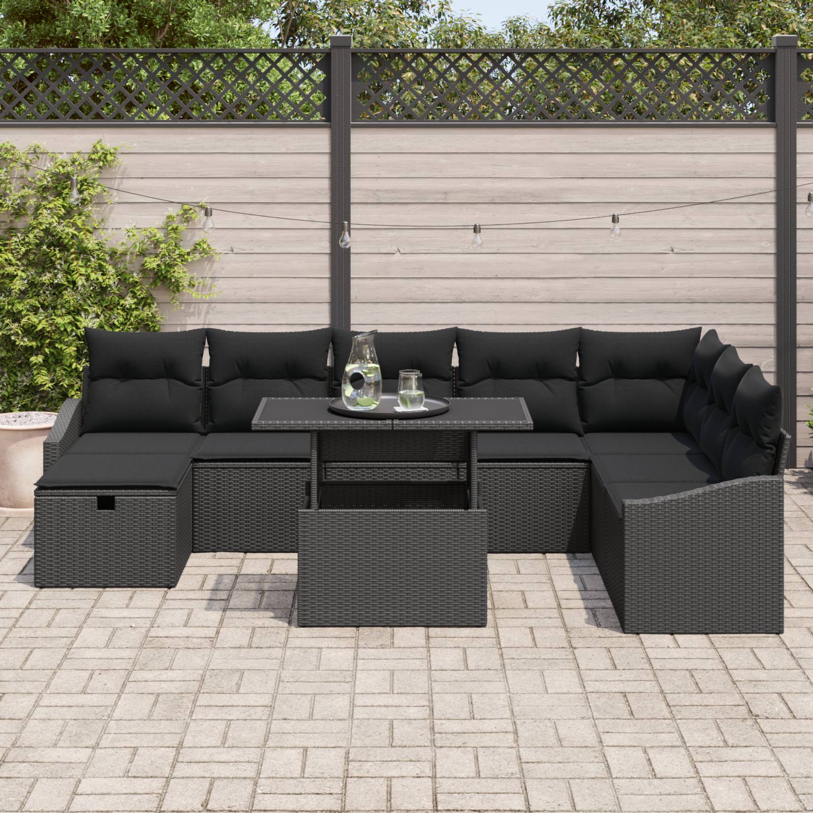 vidaXL 9-tlg. Garten-Sofagarnitur mit Kissen Schwarz Poly Rattan