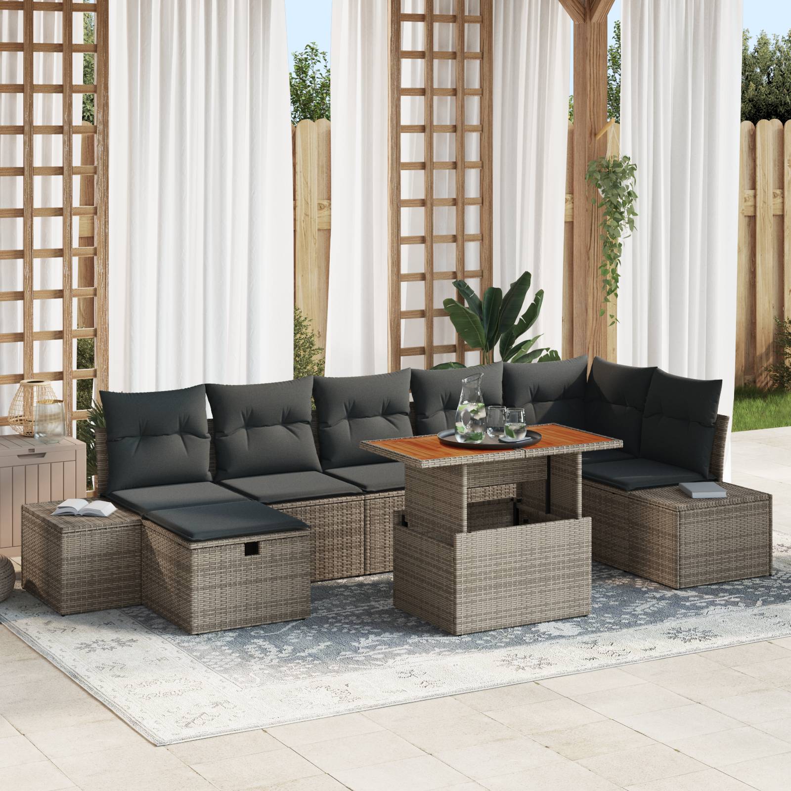 vidaXL 8-tlg. Garten-Essgruppe mit Kissen Grau Poly Rattan Akazie