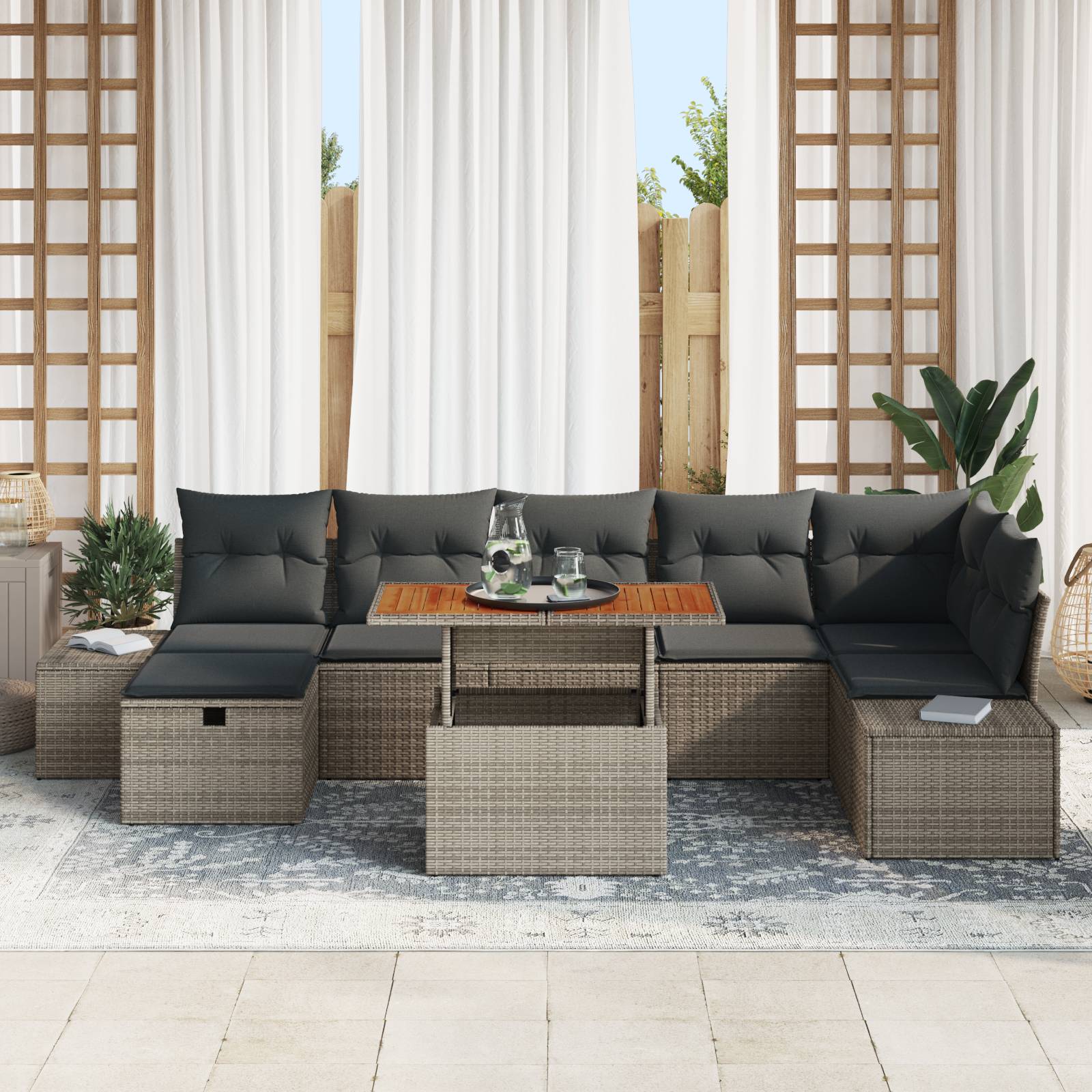 vidaXL 8-tlg. Garten-Essgruppe mit Kissen Grau Poly Rattan Akazie