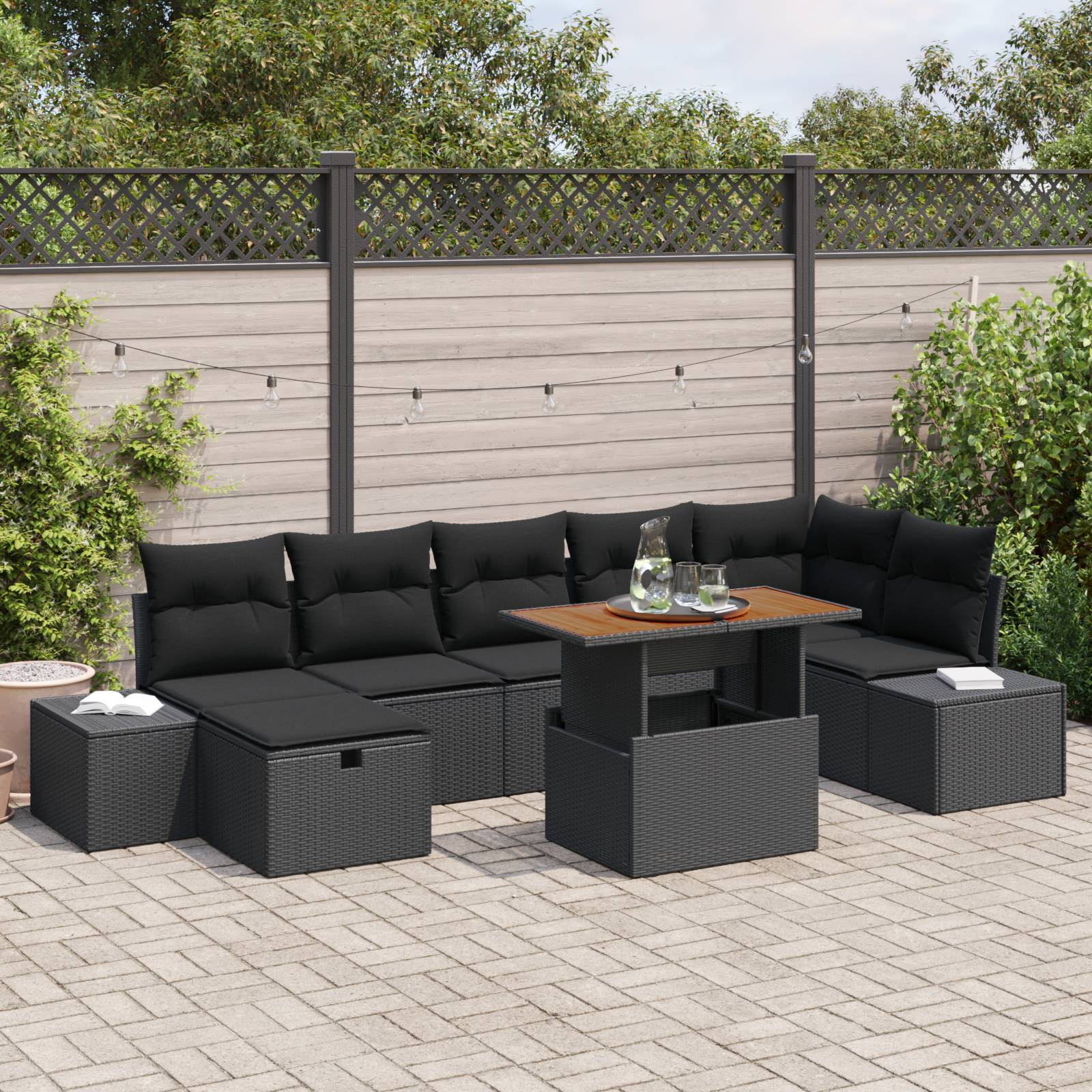 vidaXL 8-tlg. Garten-Essgruppe mit Kissen Schwarz Poly Rattan Akazie