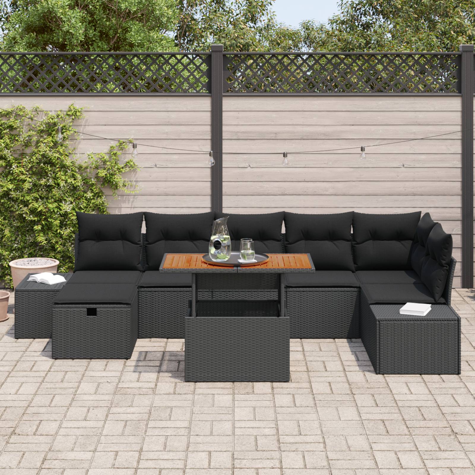 vidaXL 8-tlg. Garten-Essgruppe mit Kissen Schwarz Poly Rattan Akazie