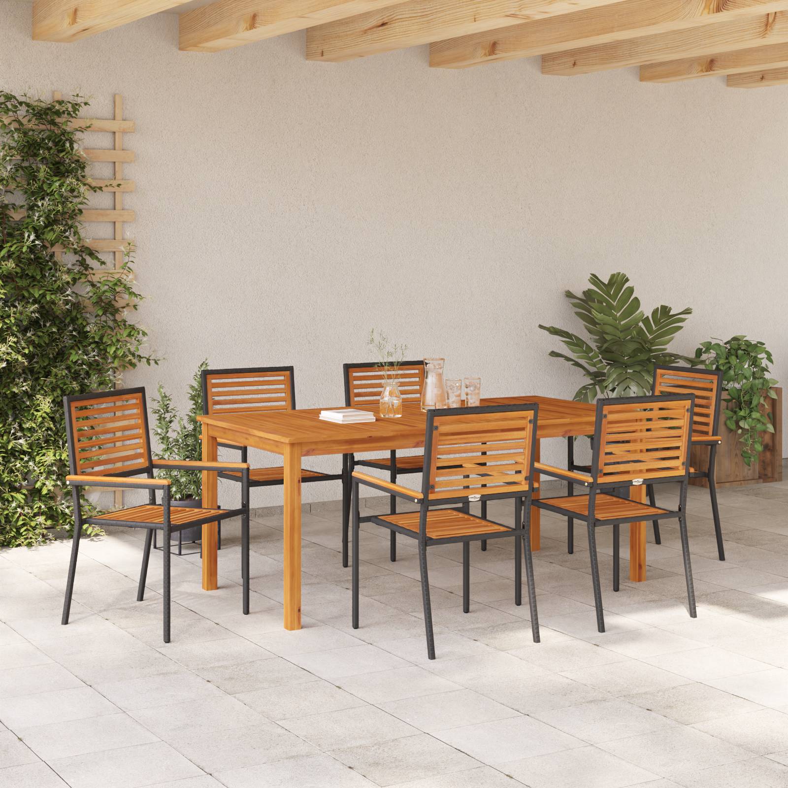 vidaXL 7-teiliges Garten Dining Set Schwarz Poly Rattan Akazie