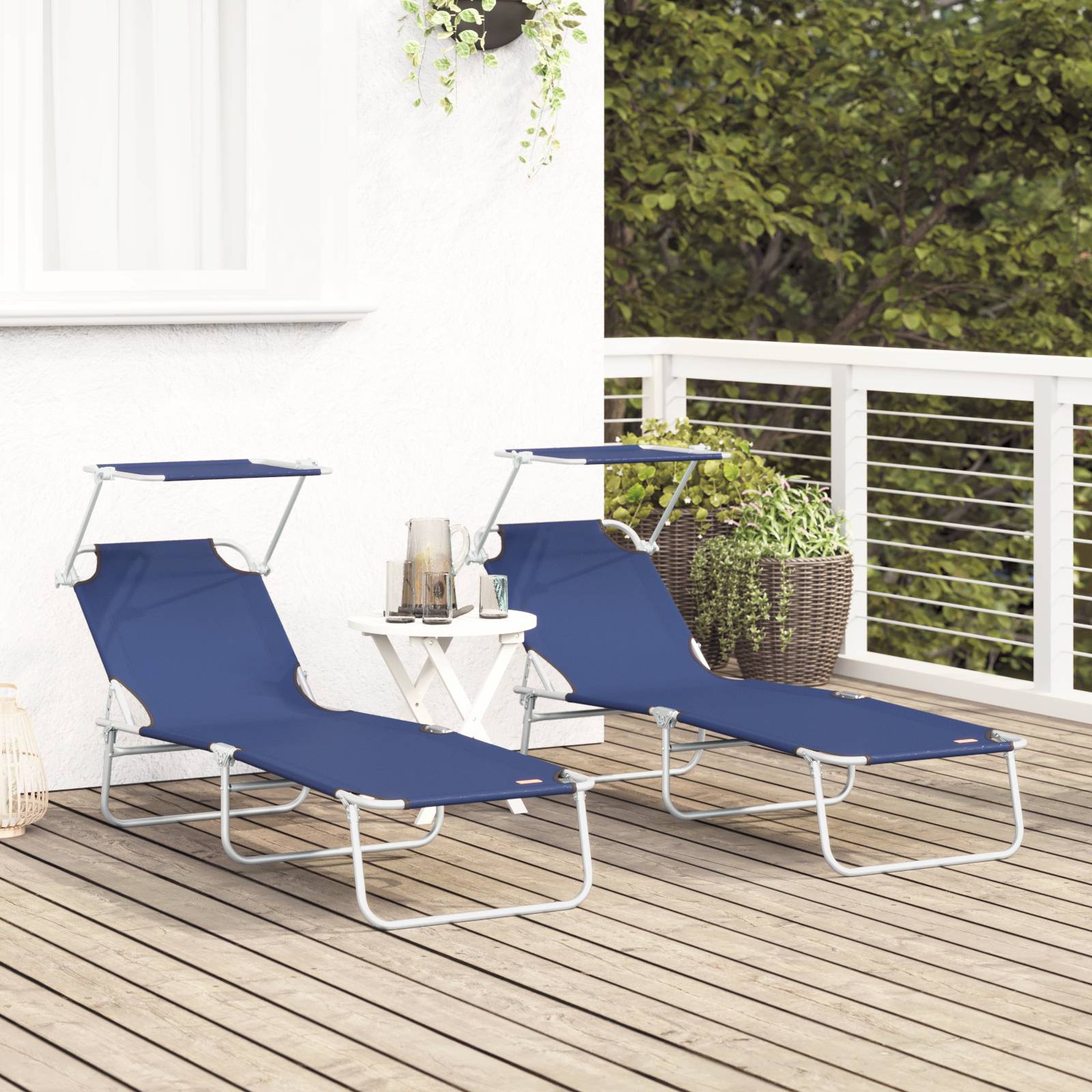 vidaXL Faltbare Sonnenliegen 2 Stück mit Sonnendach Blau 600D Oxford-Stoff
