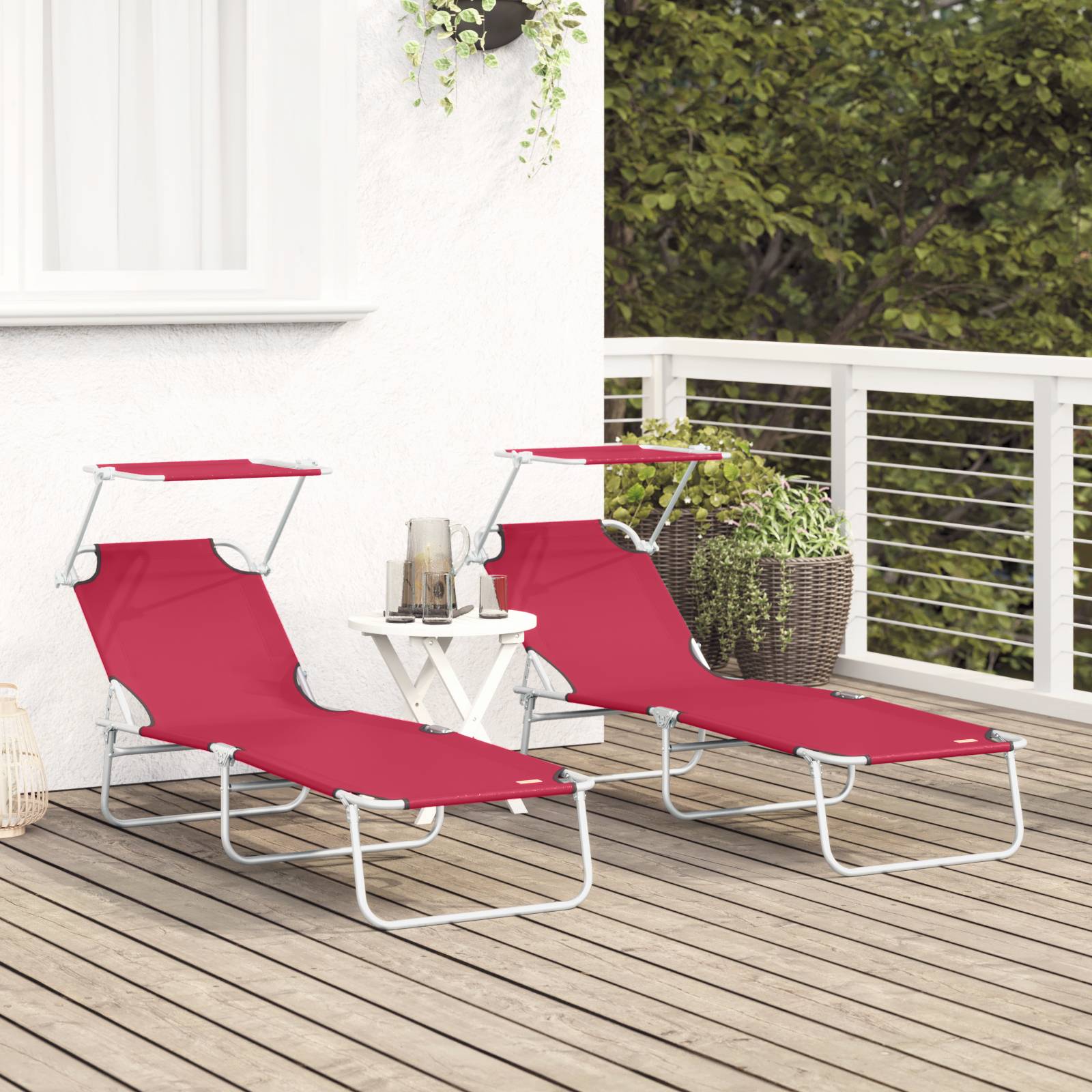 vidaXL Klappbare Sonnenliegen 2 Stück mit Sonnendach Rot 600D Oxford-Stoff