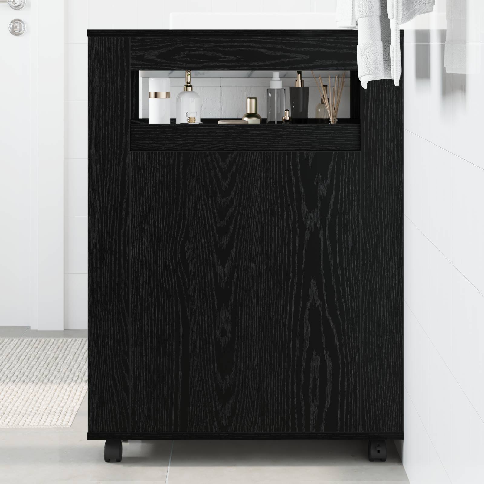 vidaXL Schmaler Badezimmer Schrank mit Rädern Schwarz Holz Spanplatte