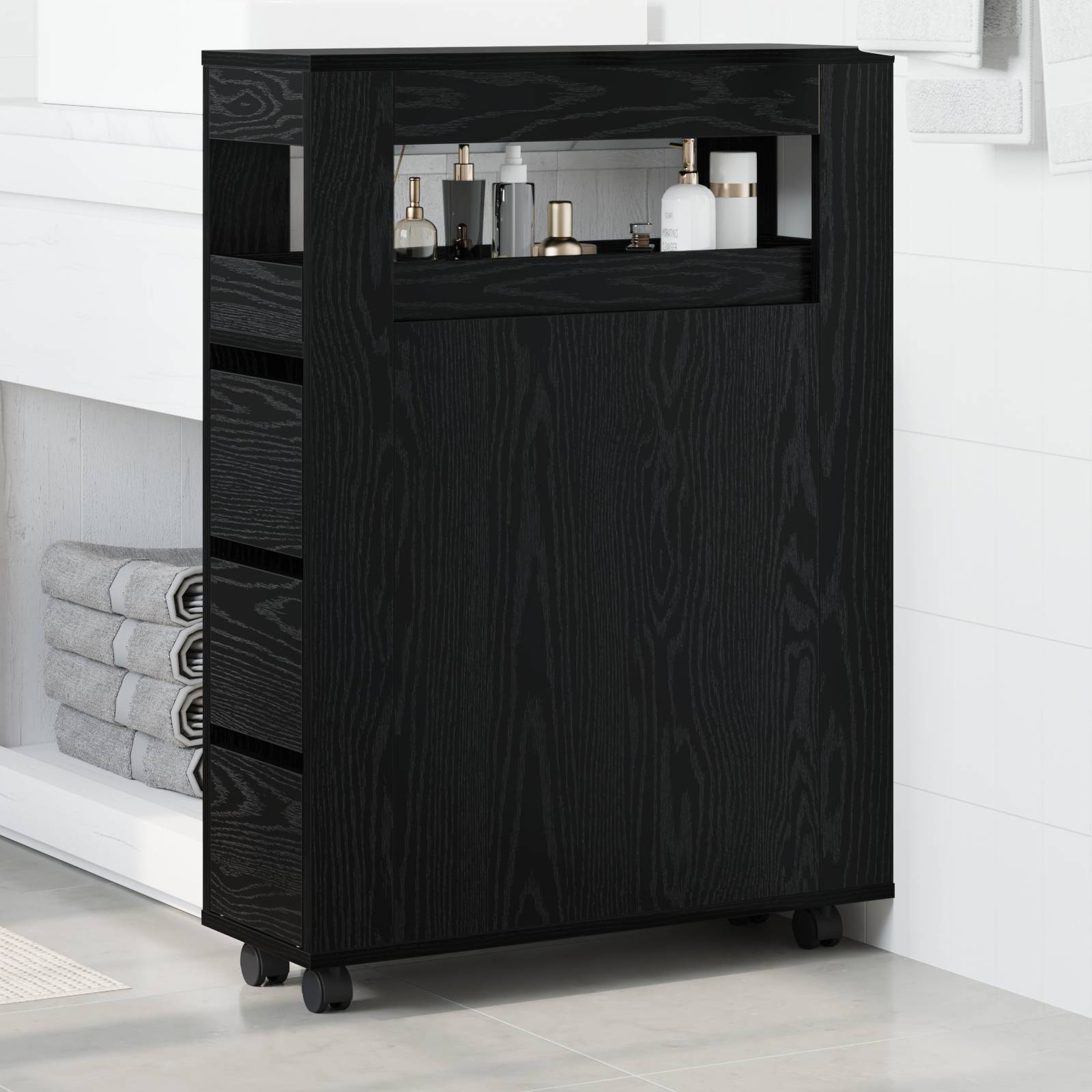 vidaXL Schmaler Badezimmer Schrank mit Rädern Schwarz Holz Spanplatte