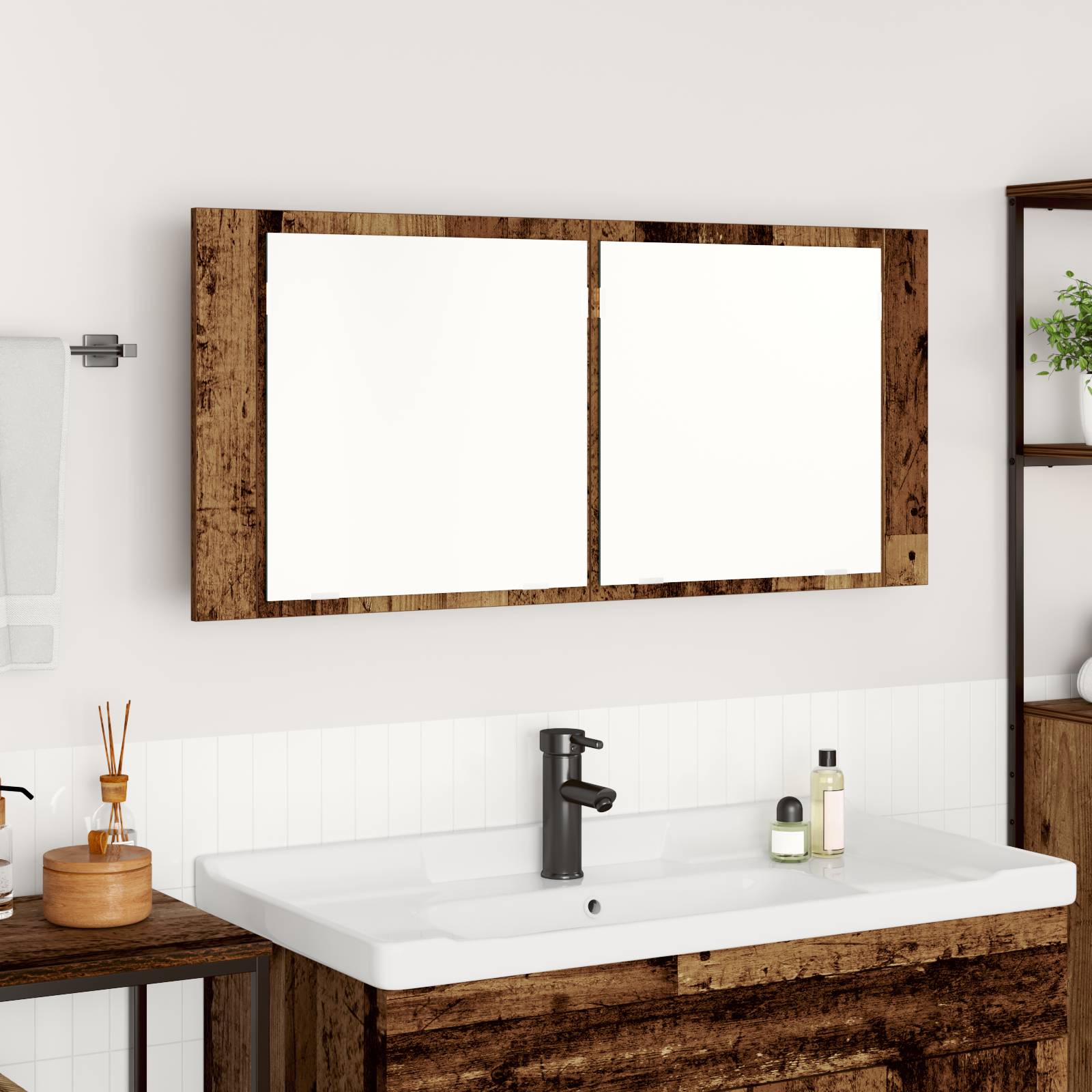 vidaXL LED Spiegelschrank Altes Holz 100x12x45 cm Faserholz