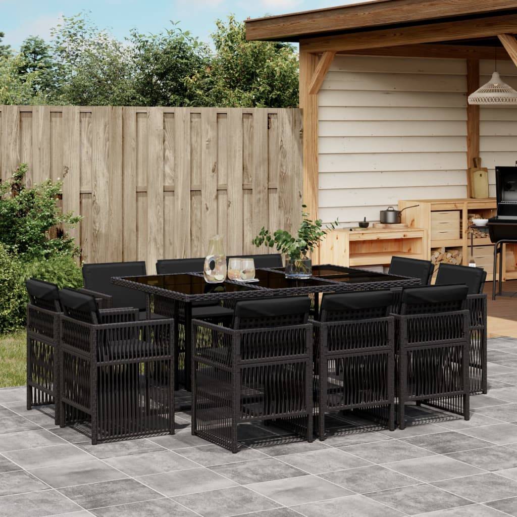 vidaXL 11-tlg. Garten-Essgruppe mit Kissen Schwarz Poly Rattan