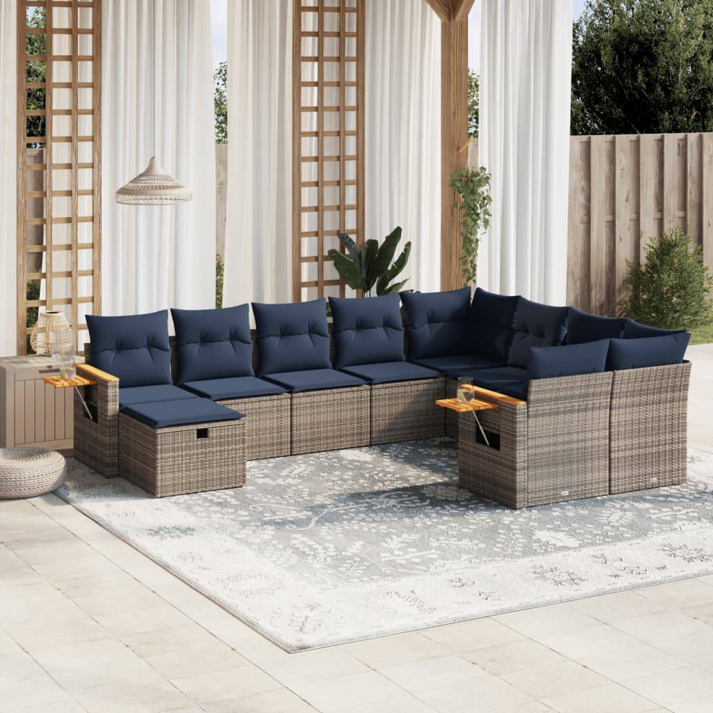 vidaXL 10-tlg. Garten-Sofagarnitur mit Kissen Grau Poly Rattan