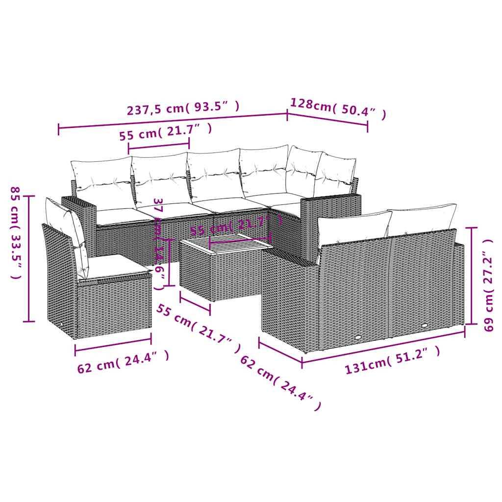vidaXL 9-tlg. Garten-Sofagarnitur mit Kissen Grau Poly Rattan