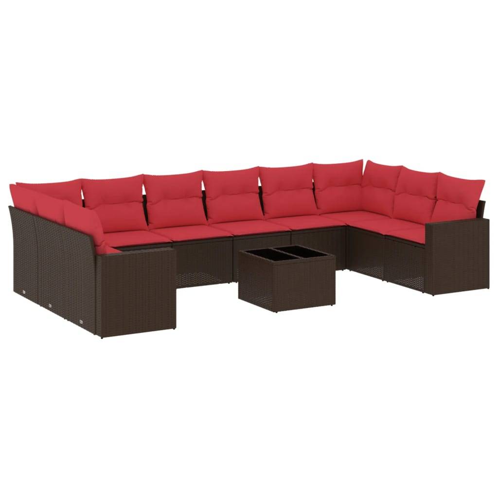 vidaXL 11-tlg. Garten-Sofagarnitur mit Kissen Braun Poly Rattan