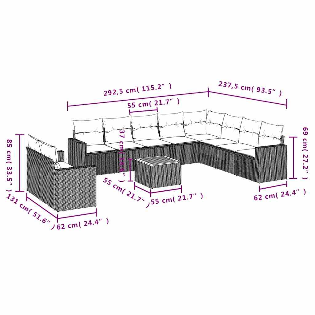 vidaXL 11-tlg. Garten-Sofagarnitur mit Kissen Grau Poly Rattan