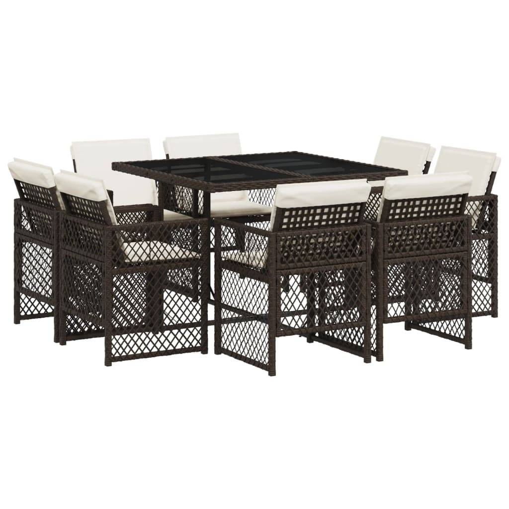 vidaXL 9-tlg. Garten-Essgruppe mit Kissen Braun Poly Rattan